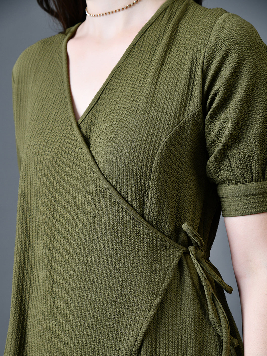 Myshka Women Olive Polyester A-Line V-Neck Solid Knee Length Short Sleeves Dresses