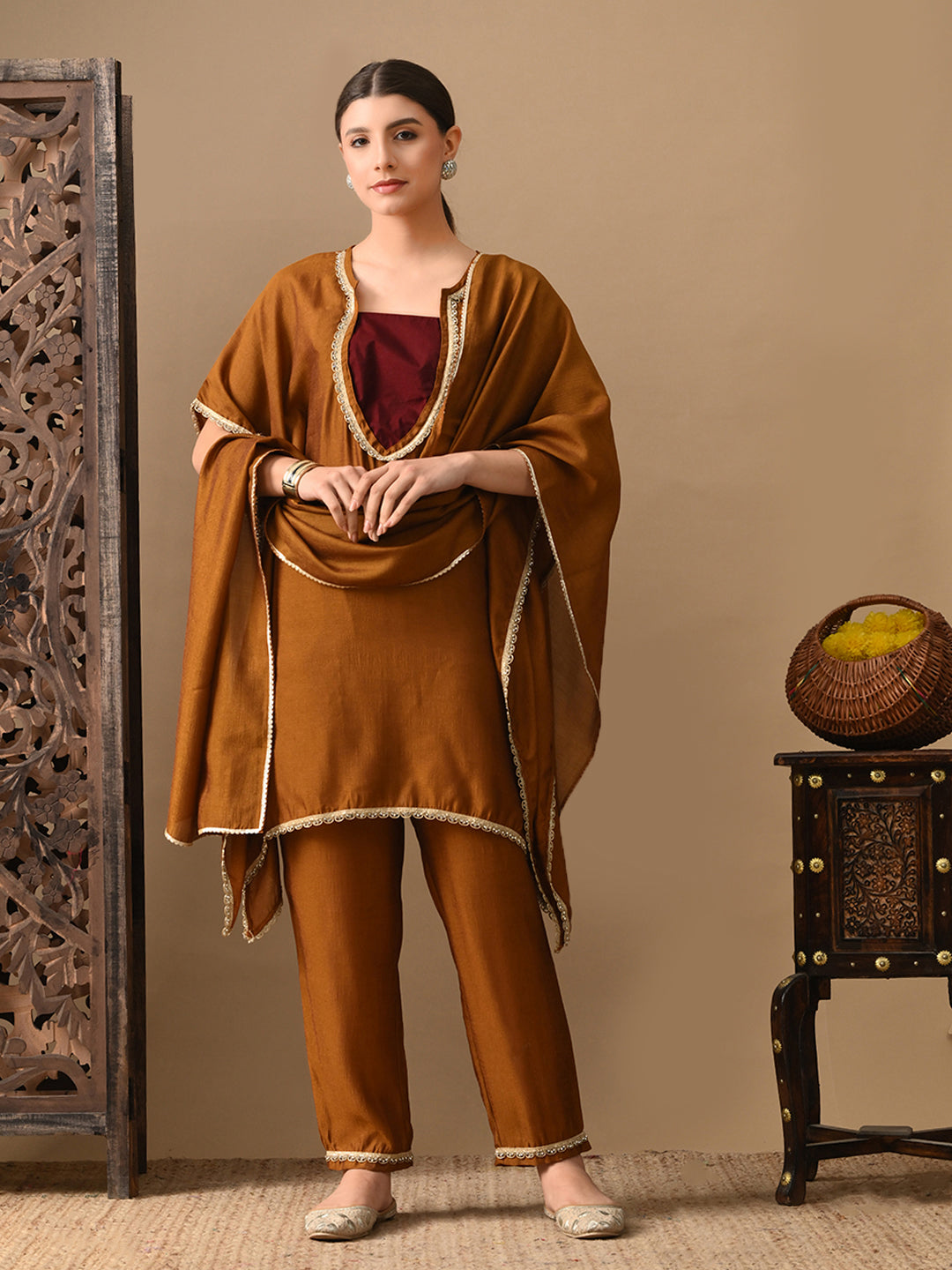 Myshka Mustard Silk Blend Kaftan Sweetheart Neck Short Sleeves Kurta Trousers With Dupatta | Grab2Buy