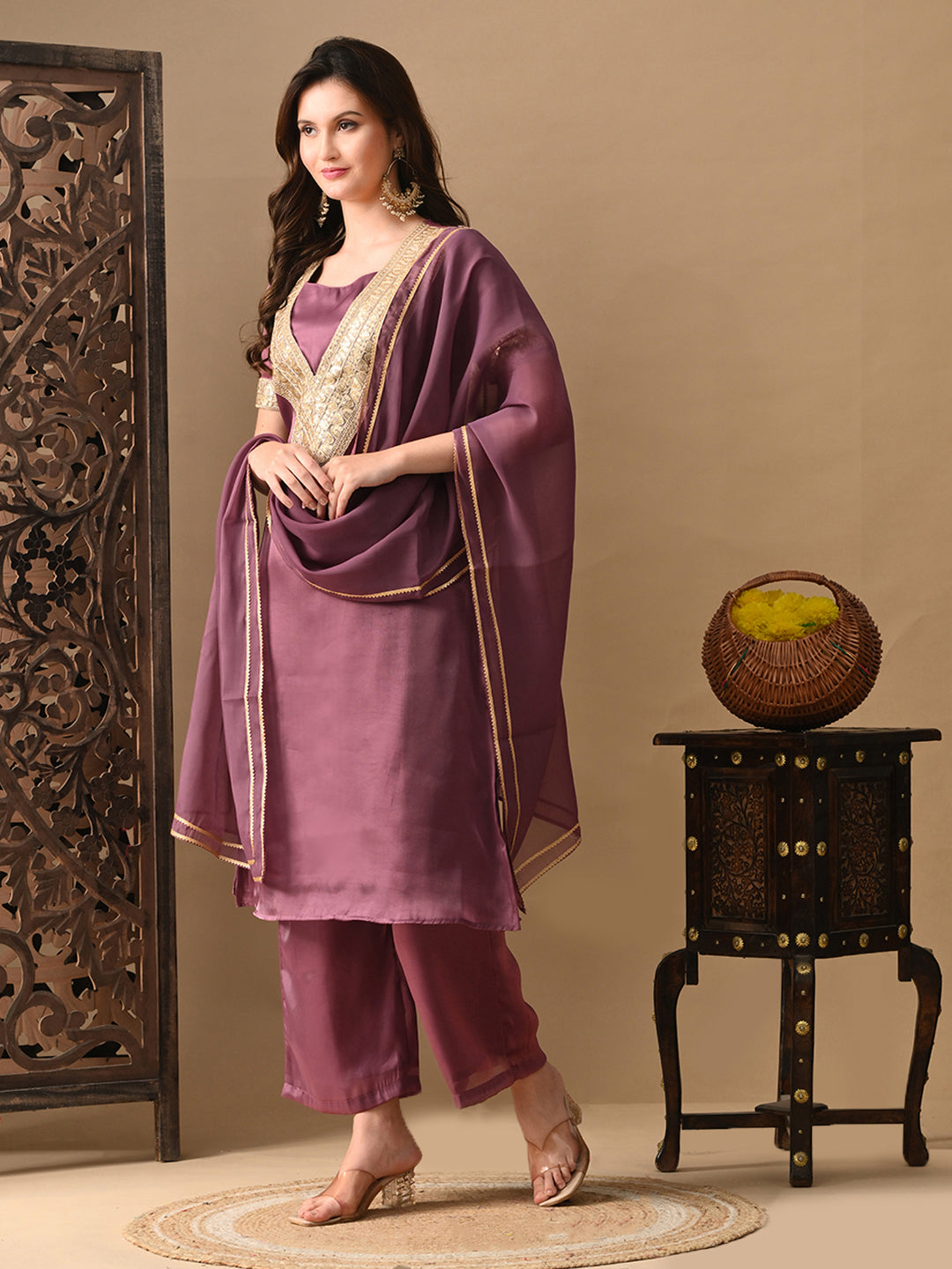 Myshka Mauve Silk Blend Straight Round Neck Short Sleeves Kurta Trousers With Dupatta | Grab2Buy