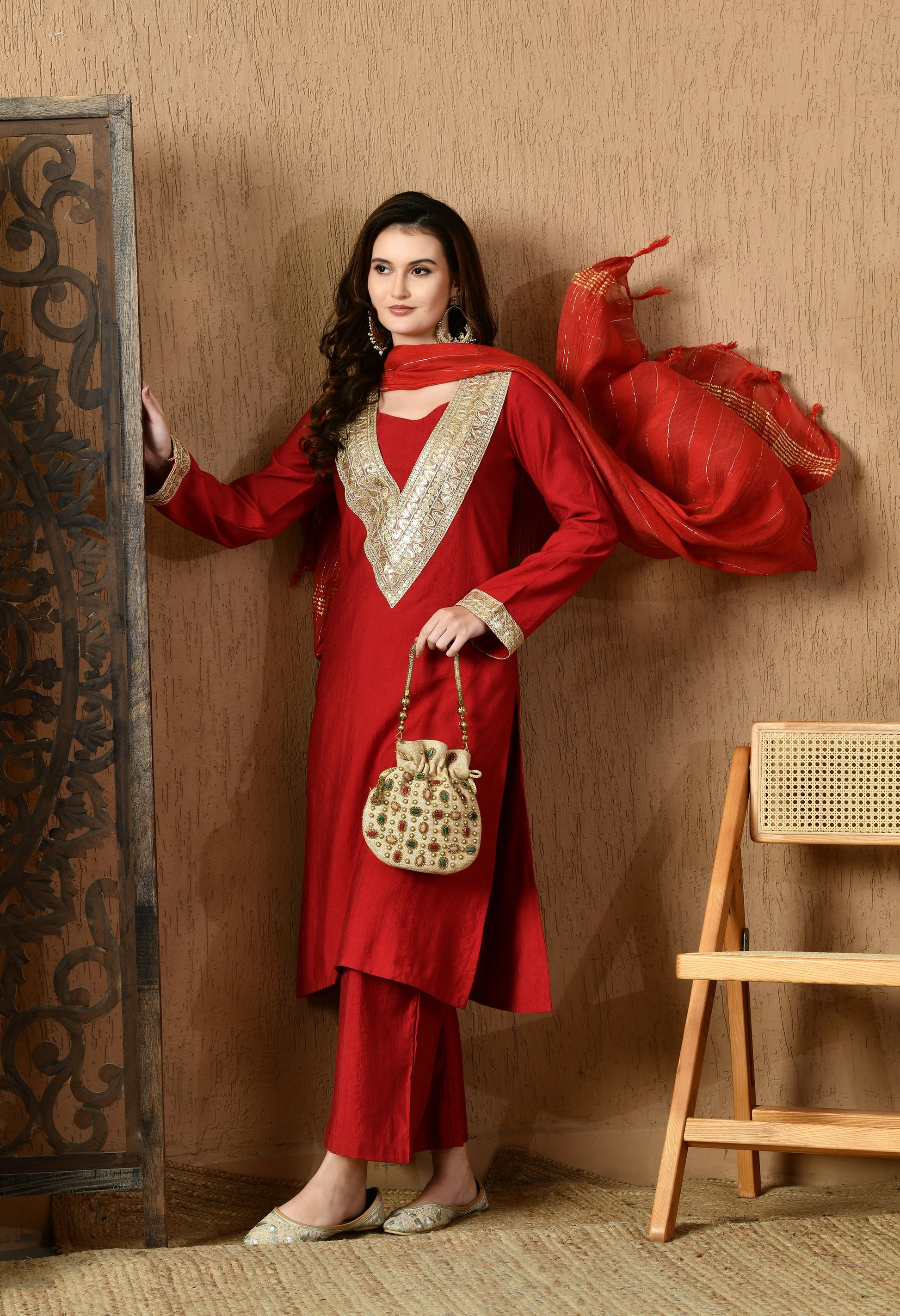 Myshka Red Silk Blend Straight Round Neck Long Sleeves Kurta Trousers With Dupatta