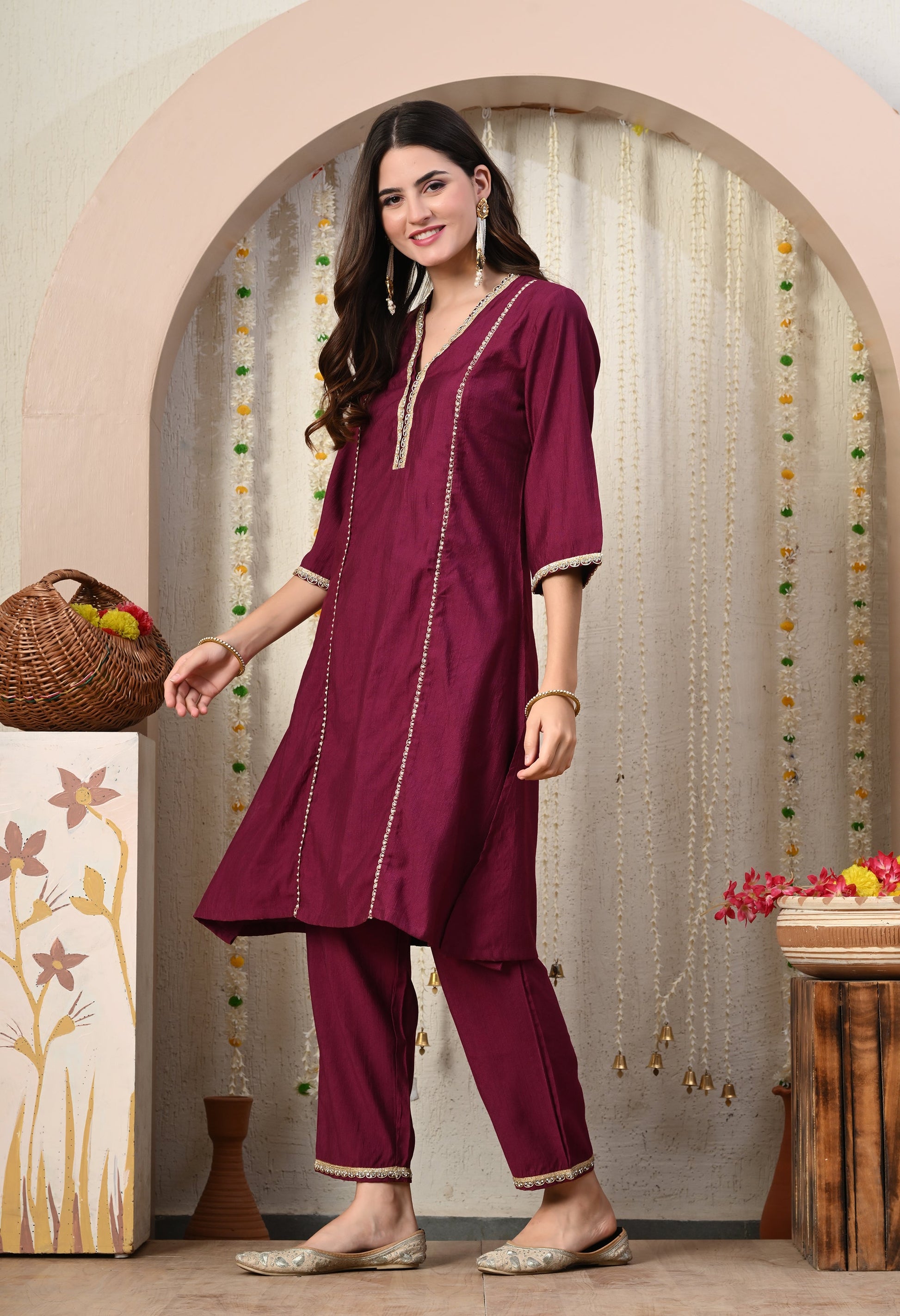 Myshka Wine Silk Blend Straight Round Neck Three-Quarter Sleeves Kurta Trousers Set