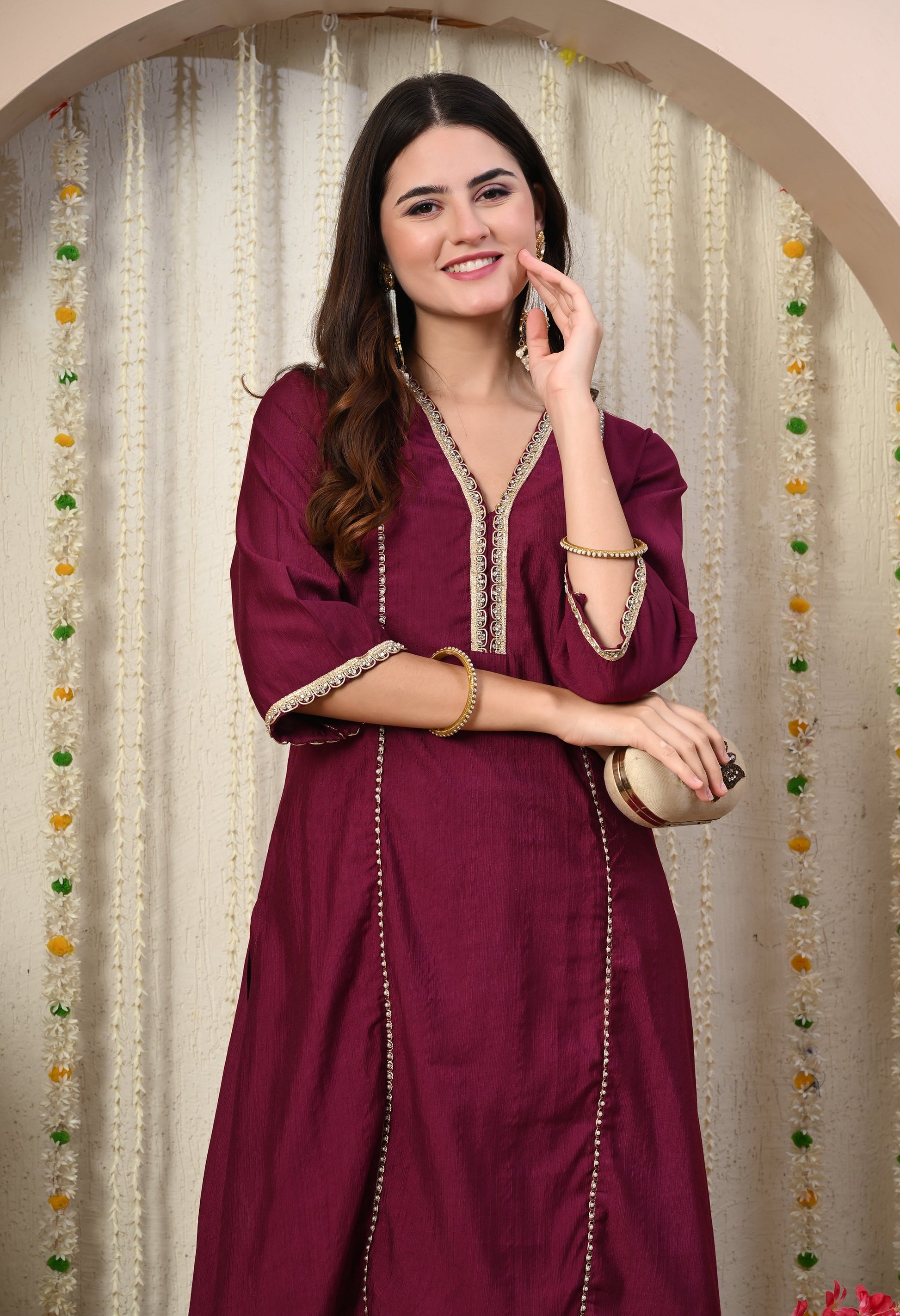 Myshka Wine Silk Blend Straight Round Neck Three-Quarter Sleeves Kurta Trousers Set