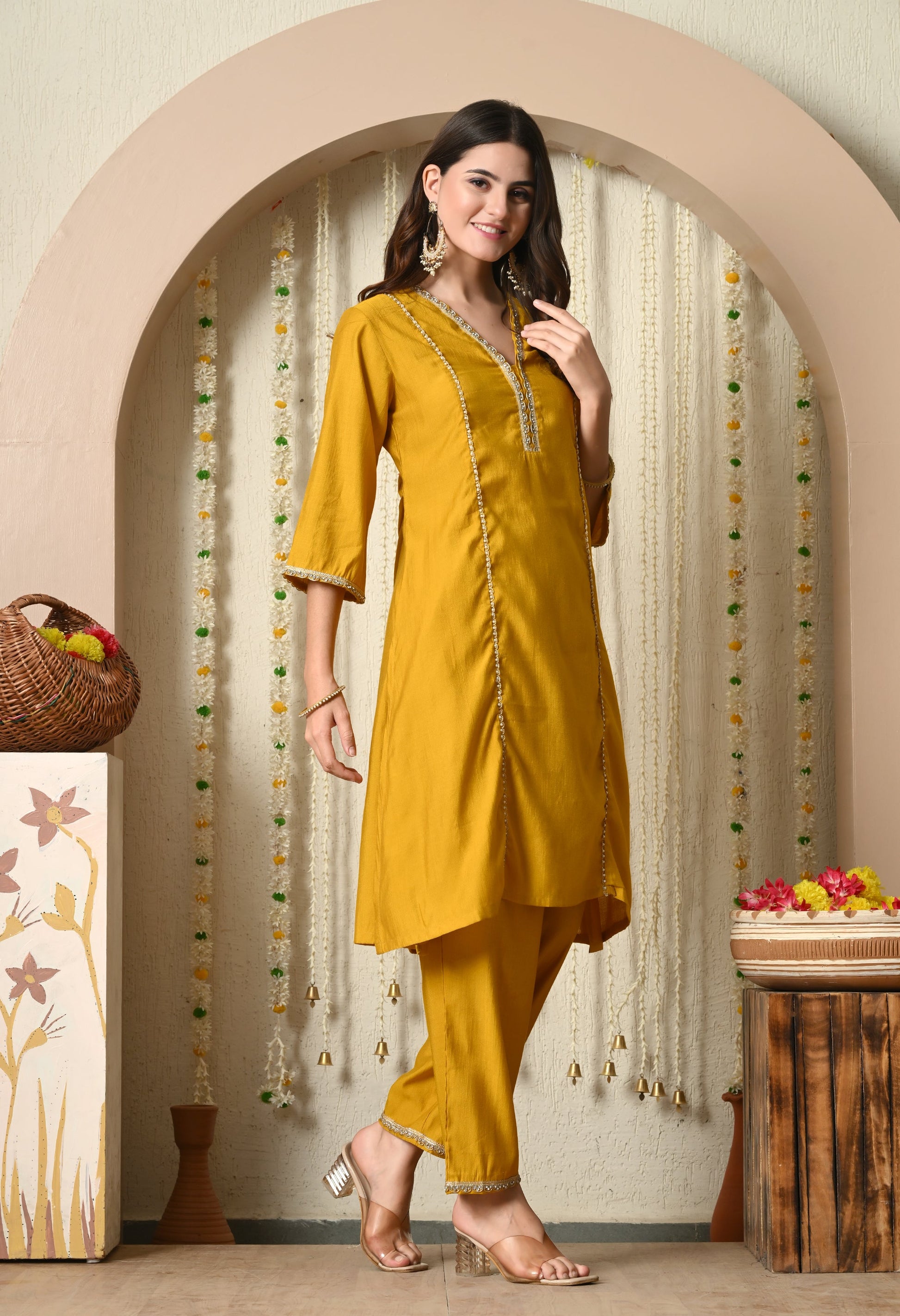 Myshka Musturd Silk Blend Straight Round Neck Three-Quarter Sleeves Kurta Trousers Set