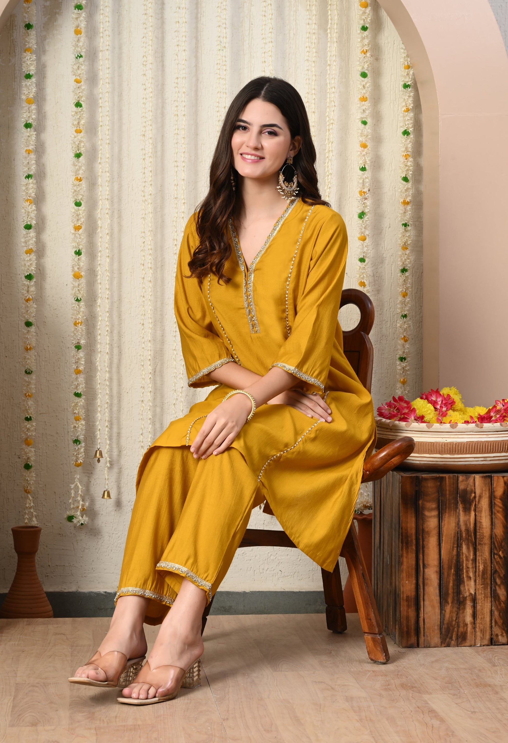 Myshka Musturd Silk Blend Straight Round Neck Three-Quarter Sleeves Kurta Trousers Set