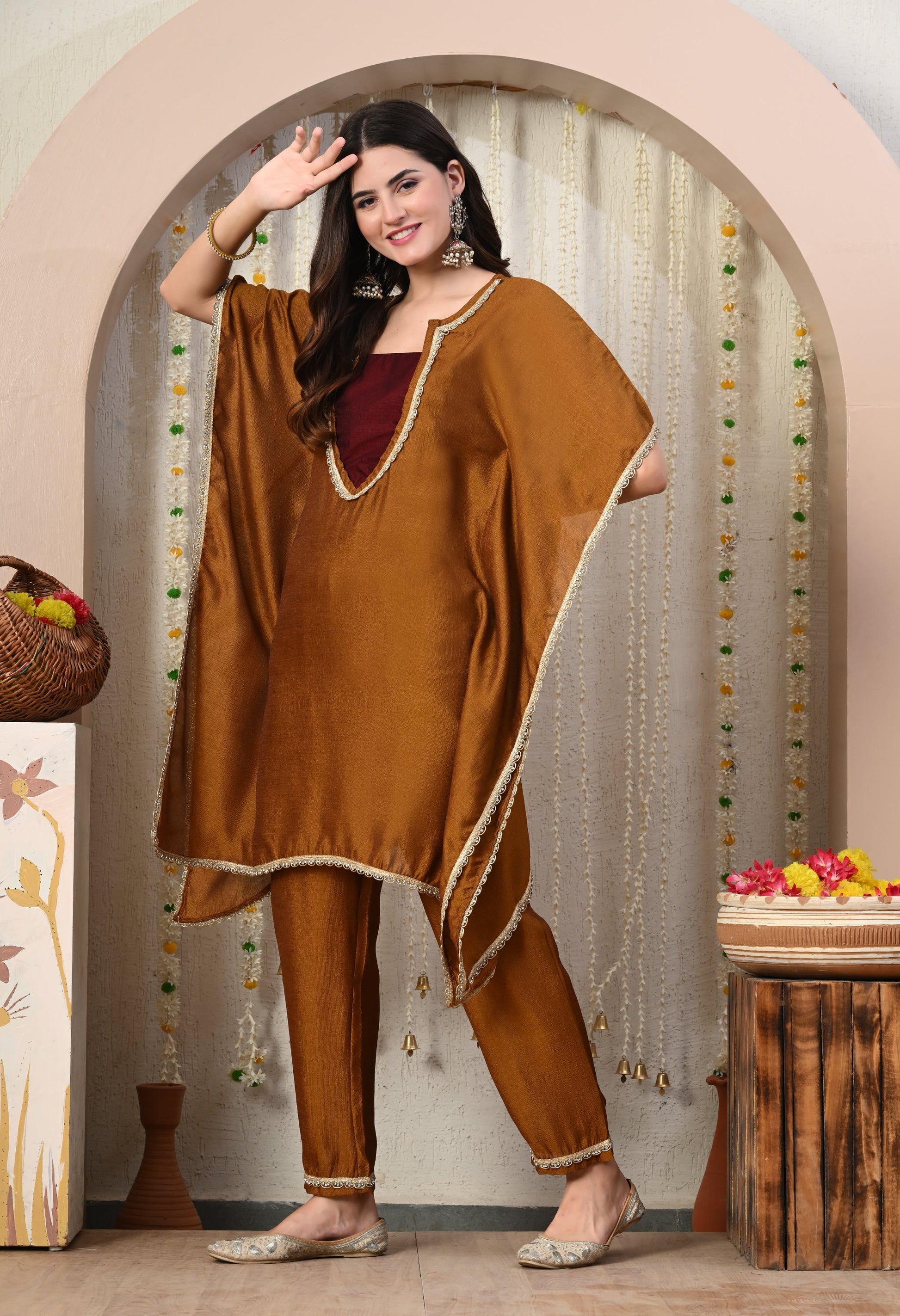 Myshka Brown Silk Blend Kaftan Round Neck Short Sleeves Kurta Trousers Set | Grab2Buy