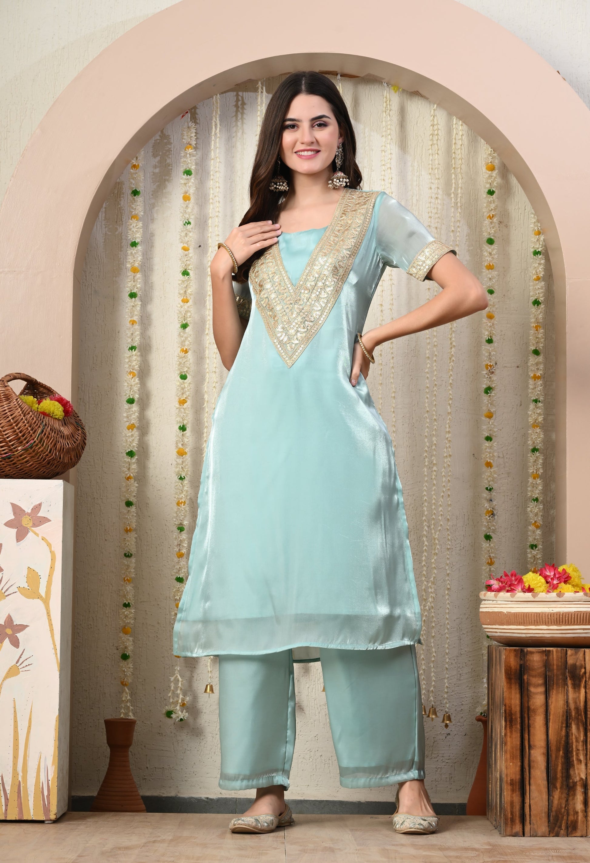 Myshka Blue Silk Blend Straight Round Neck Short Sleeves Kurta Trousers Set | Grab2Buy