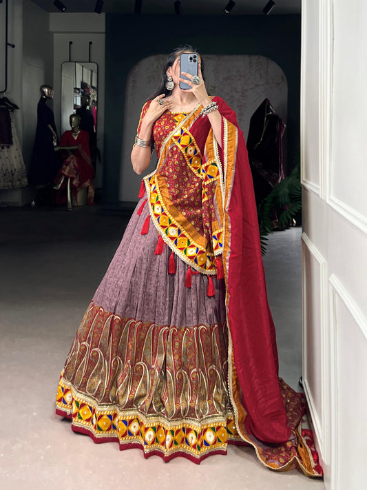 Lorenvalley Fashion Tasar Silk Kashmiri Print With Foil Print And Original Mirror Gamthi work Lehenga Choli with Dupatta 