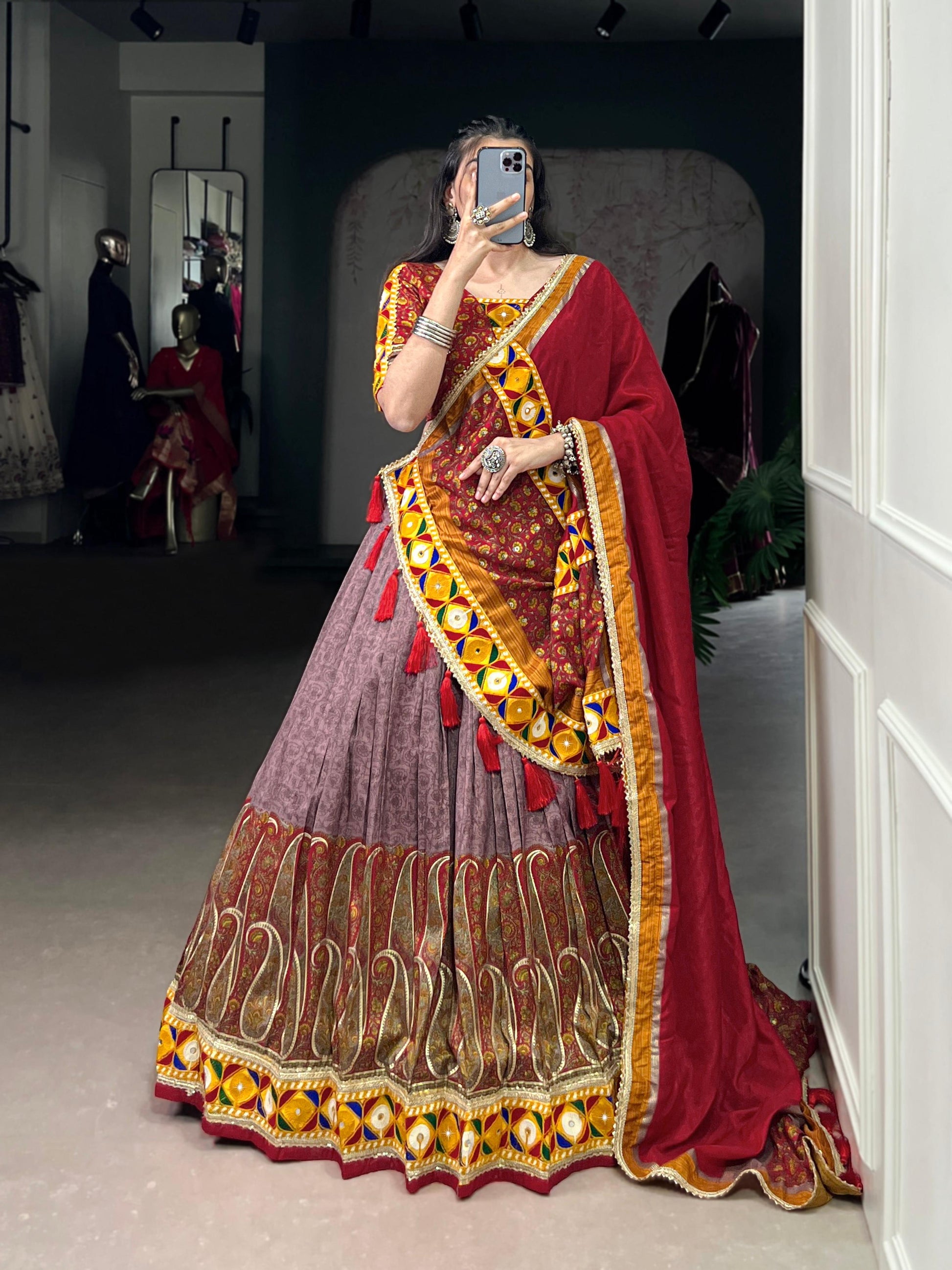 Lorenvalley Fashion Tasar Silk Kashmiri Print With Foil Print And Original Mirror Gamthi work Lehenga Choli with Dupatta 