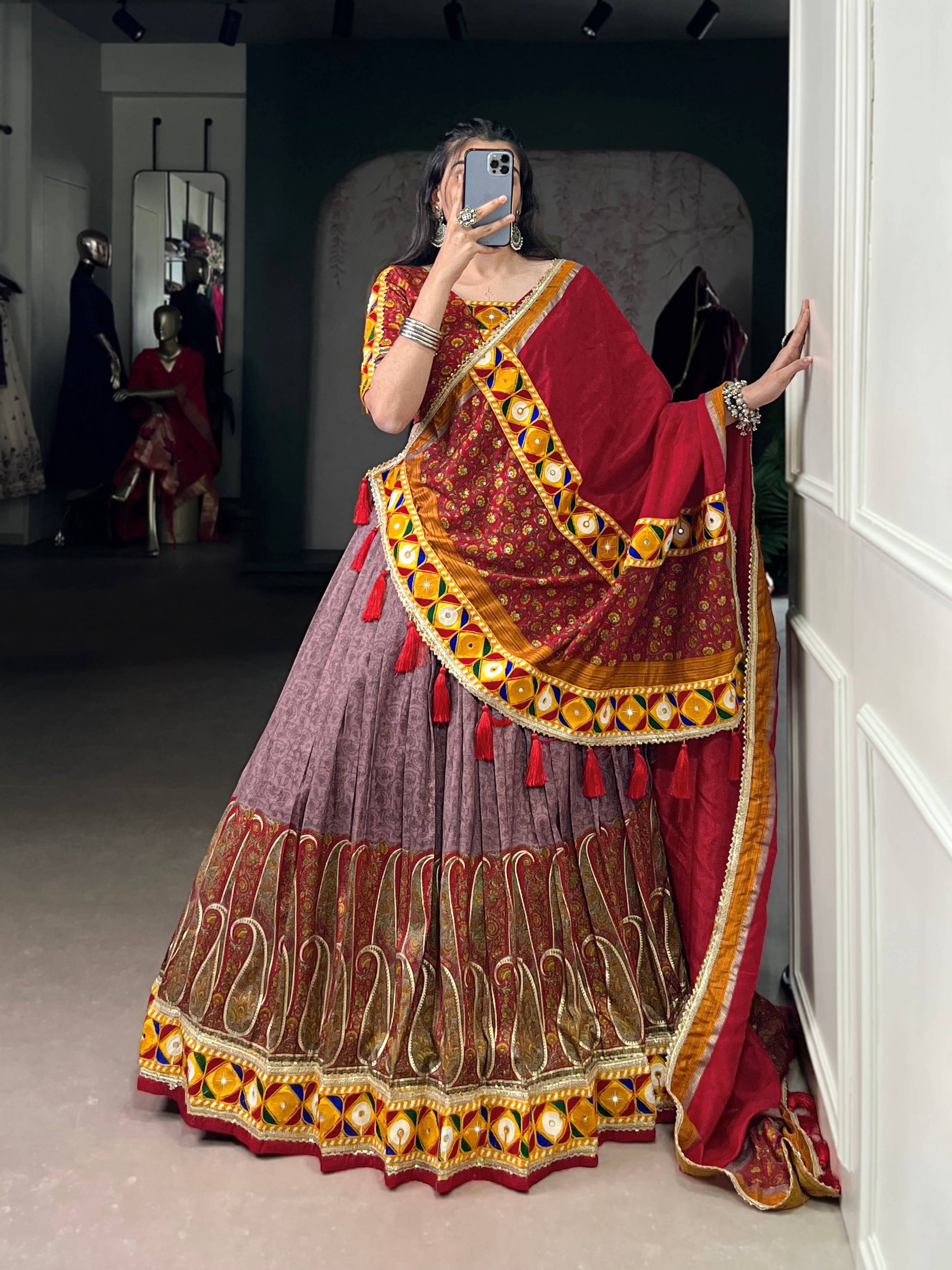 Lorenvalley Fashion Tasar Silk Kashmiri Print With Foil Print And Original Mirror Gamthi work Lehenga Choli with Dupatta 