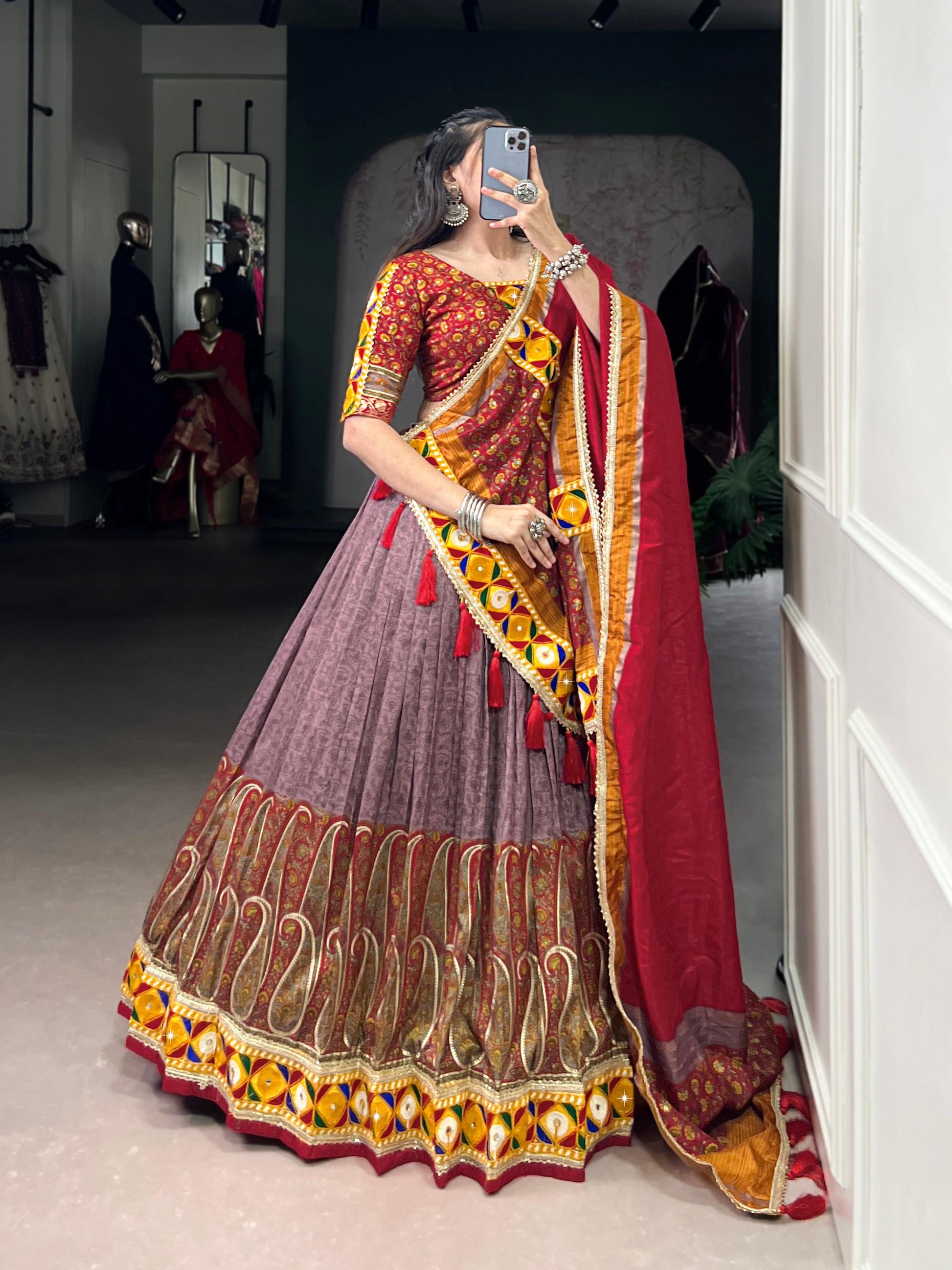 Lorenvalley Fashion Tasar Silk Kashmiri Print With Foil Print And Original Mirror Gamthi work Lehenga Choli with Dupatta 