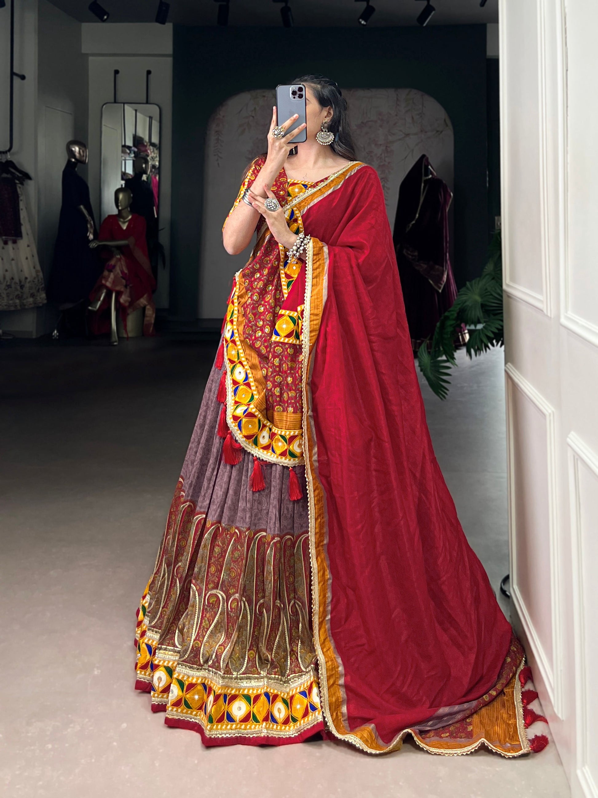 Lorenvalley Fashion Tasar Silk Kashmiri Print With Foil Print And Original Mirror Gamthi work Lehenga Choli with Dupatta 