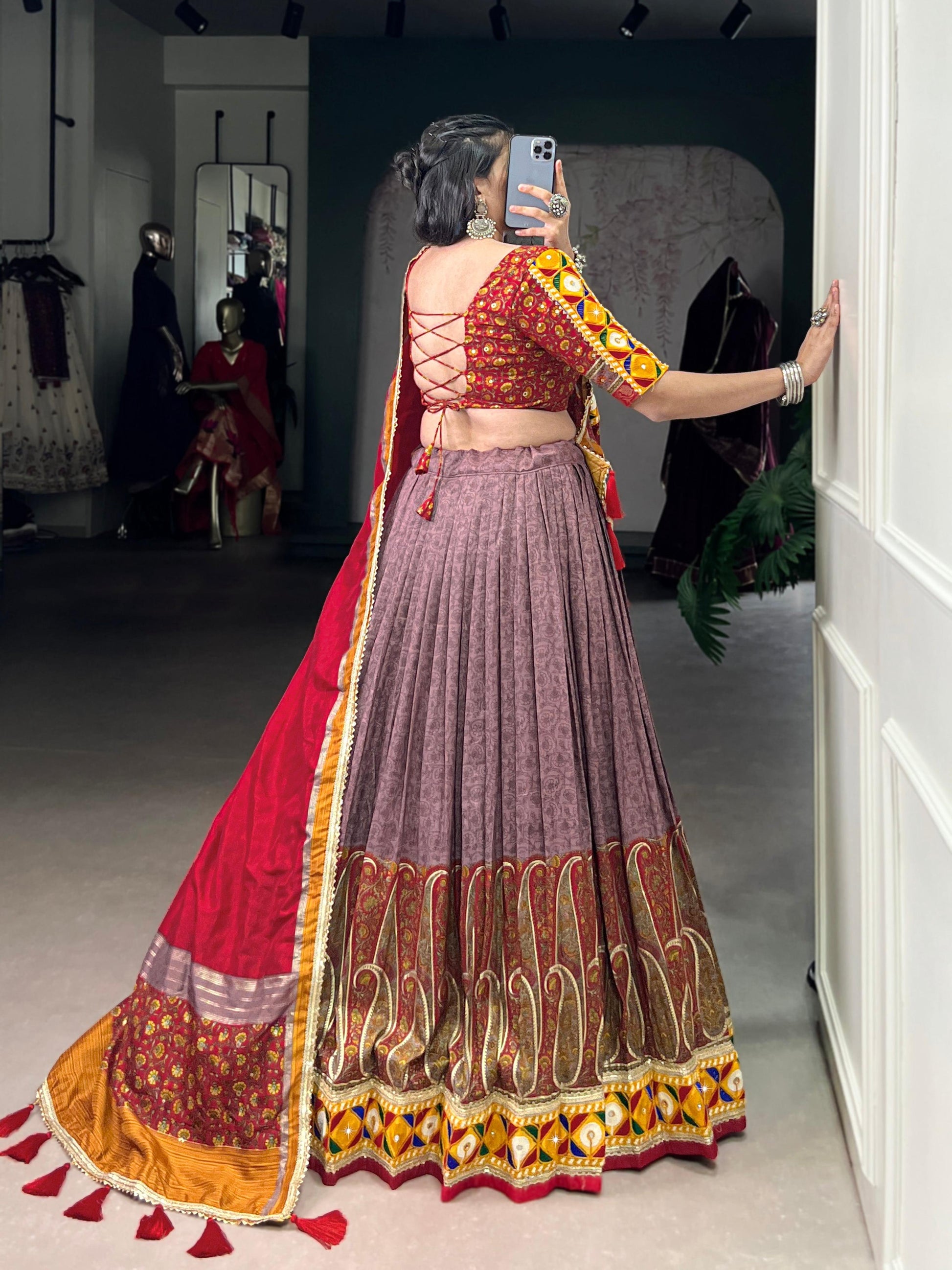Lorenvalley Fashion Tasar Silk Kashmiri Print With Foil Print And Original Mirror Gamthi work Lehenga Choli with Dupatta 