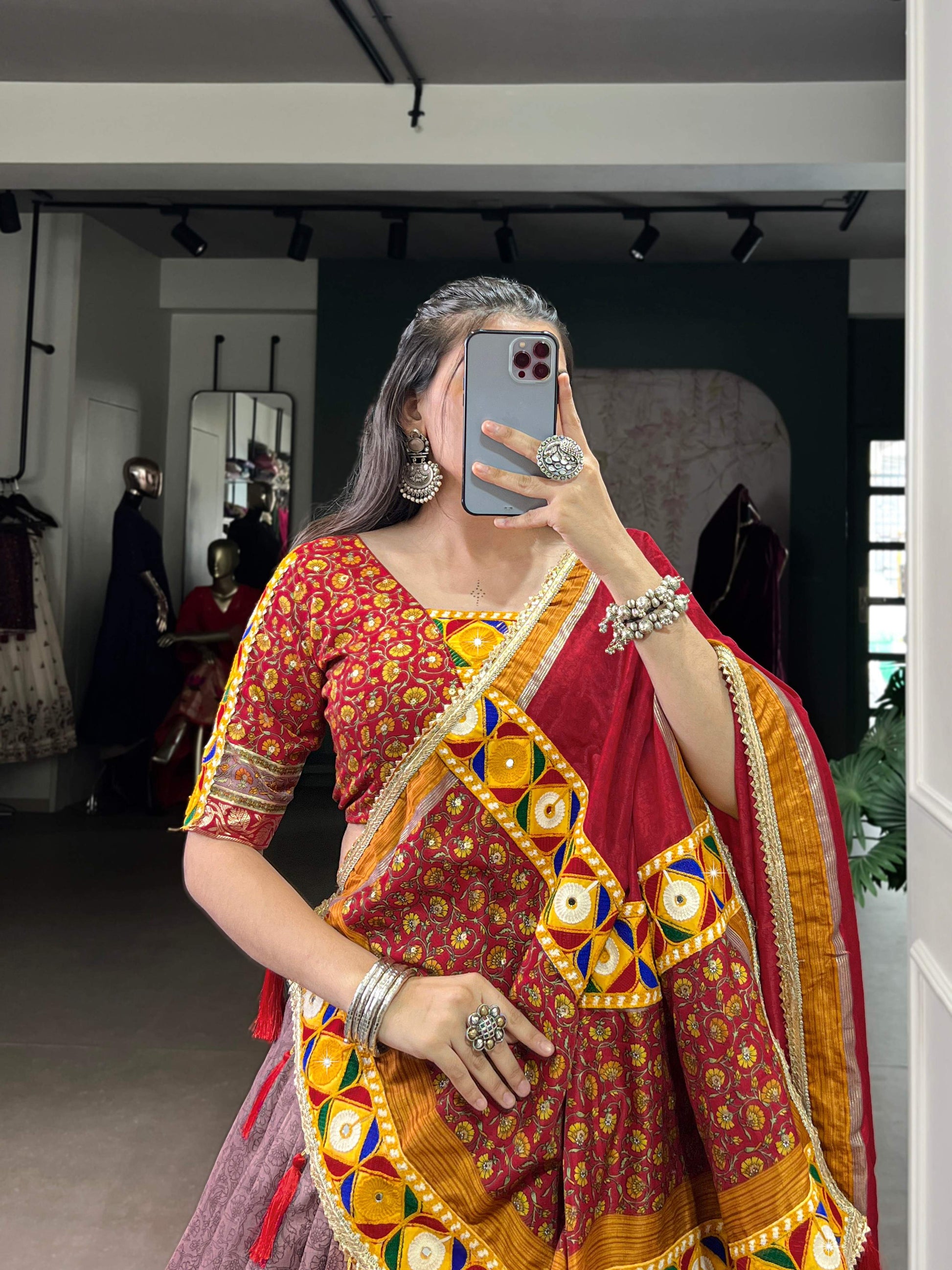 Lorenvalley Fashion Tasar Silk Kashmiri Print With Foil Print And Original Mirror Gamthi work Lehenga Choli with Dupatta 