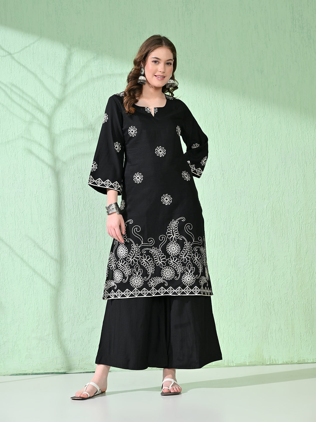 Myshka Women's Embroidered Calf Length Black Kurta With Palazzo | Grab2Buy