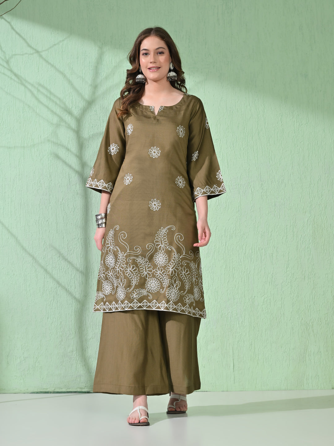 Myshka Women's Embroidered Calf Length Olive Kurta With Palazzo | Grab2Buy