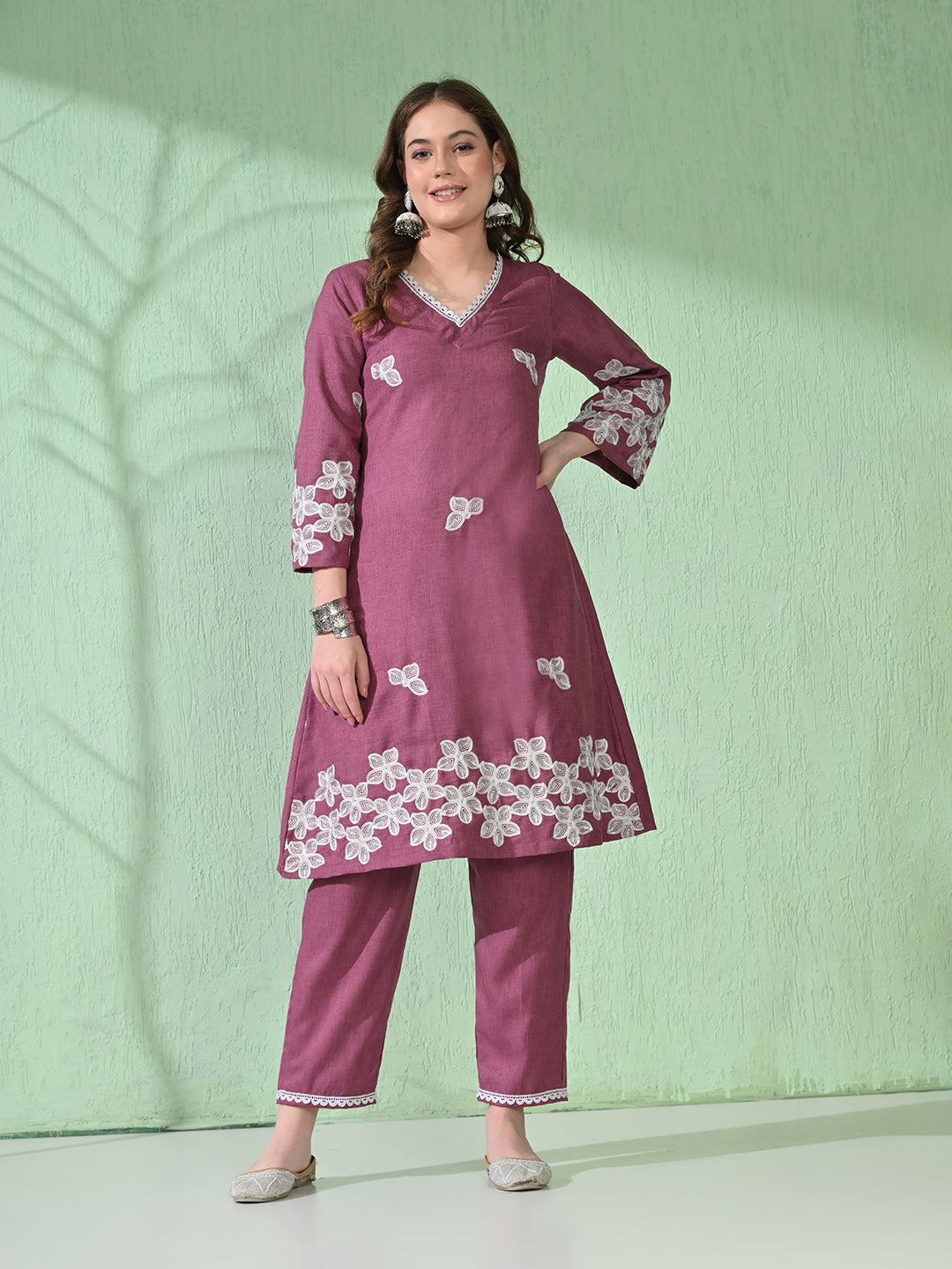 Myshka Women's Embroidered Calf Length Mauve Kurta With Palazzo | Grab2Buy