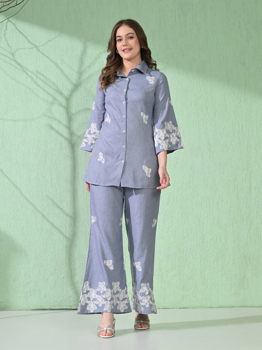 Myshka Women's Floral Embroidered SkyBlue Tunic with Trouser 