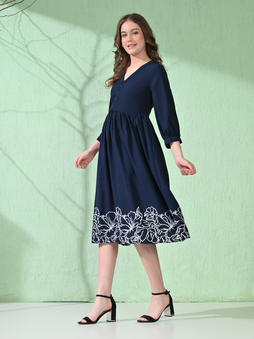Myshka Women's Flared Knee Length Embroidered Navy Dress