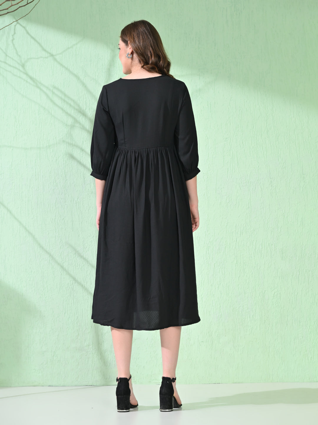 Myshka Women's Flared Knee Length Embroidered Black Dress