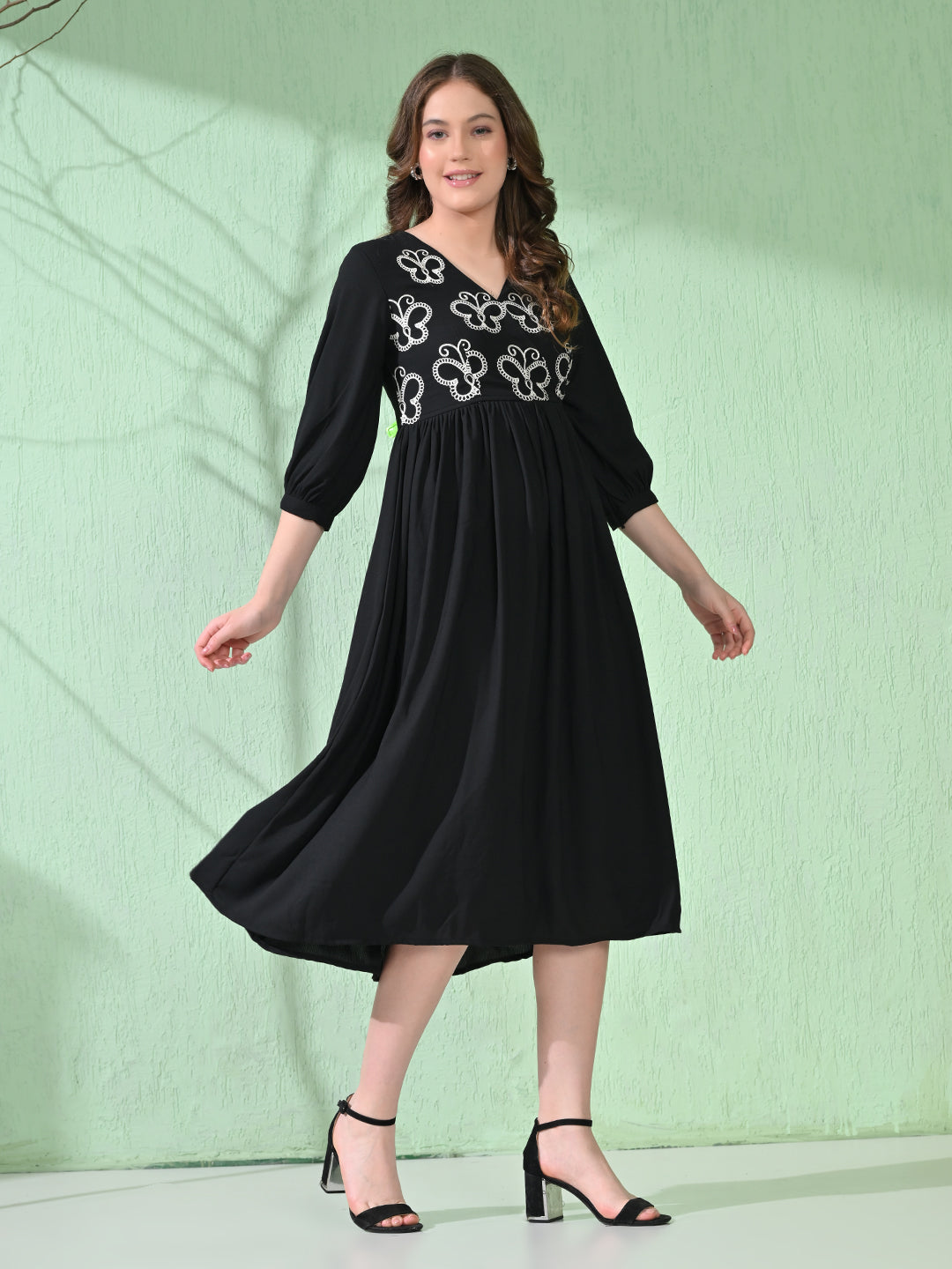 Myshka Women's Flared Knee Length Embroidered Black Dress