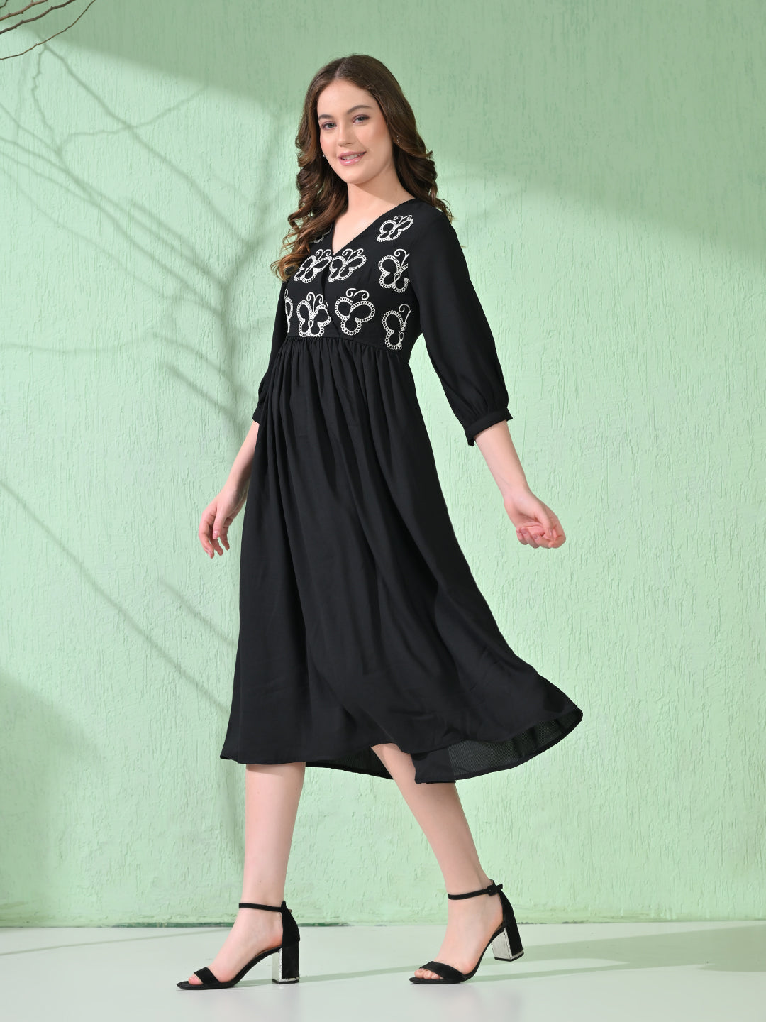 Myshka Women's Flared Knee Length Embroidered Black Dress