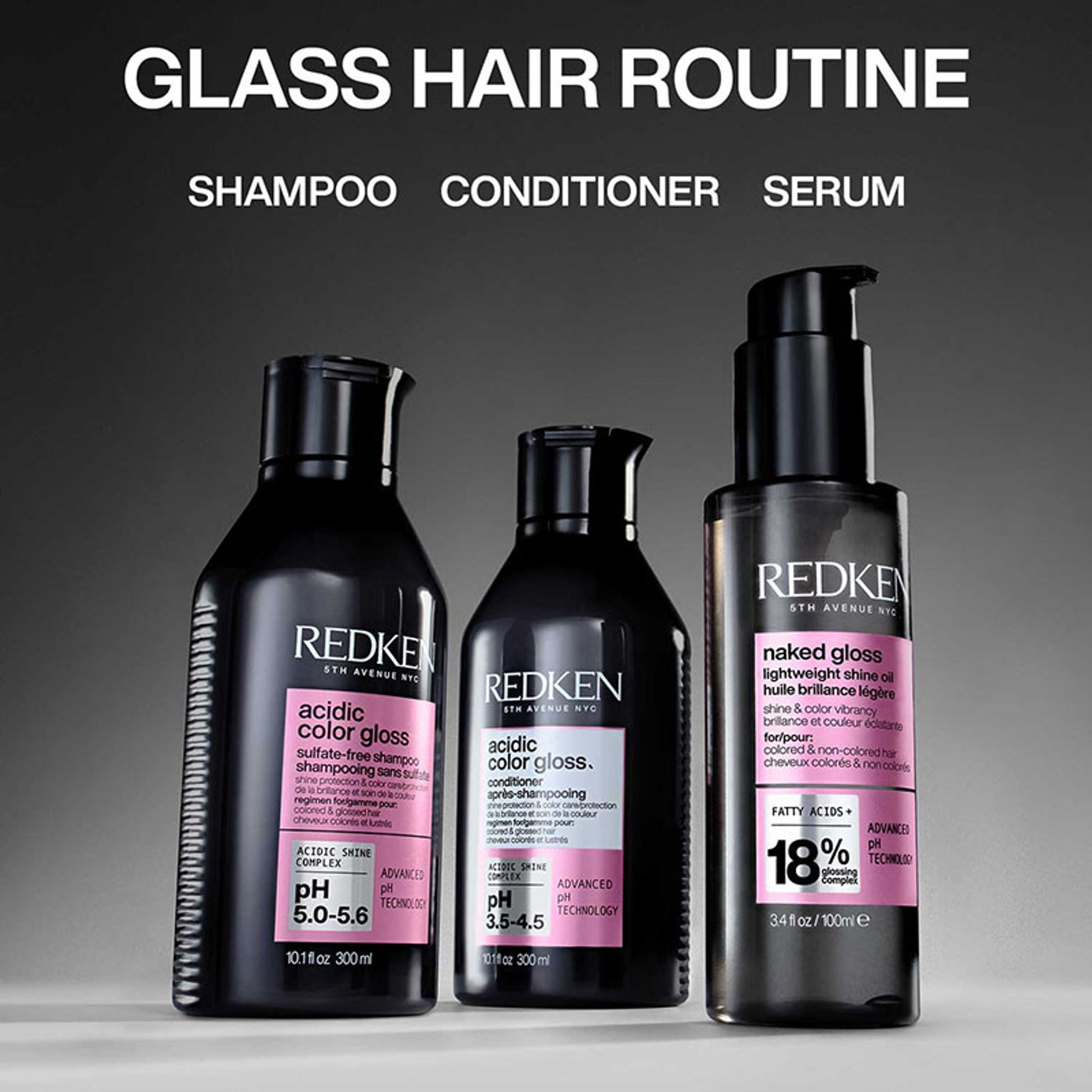 Redken Glossy Hair Combo-Acidic Colour Gloss Sulphate-Free Shampoo, Conditioner & Naked Gloss Serum