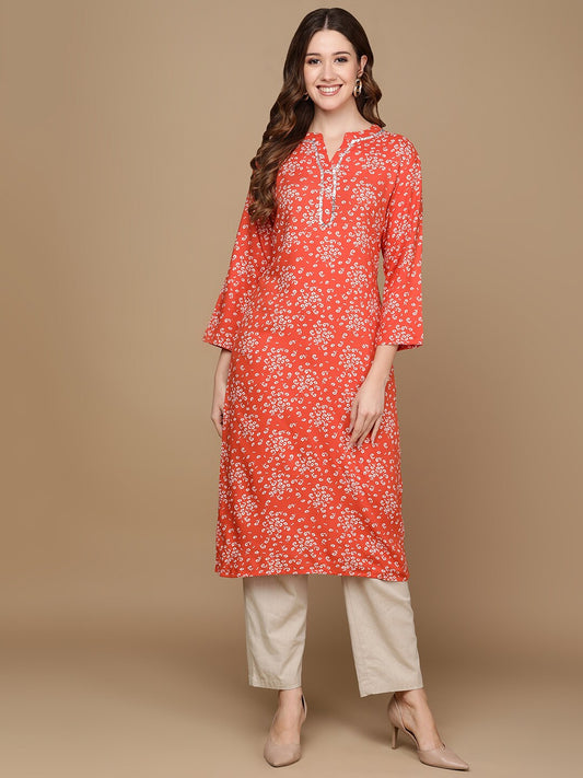 HERE&NOW Rust Orange & White Floral Printed Straight Kurta
