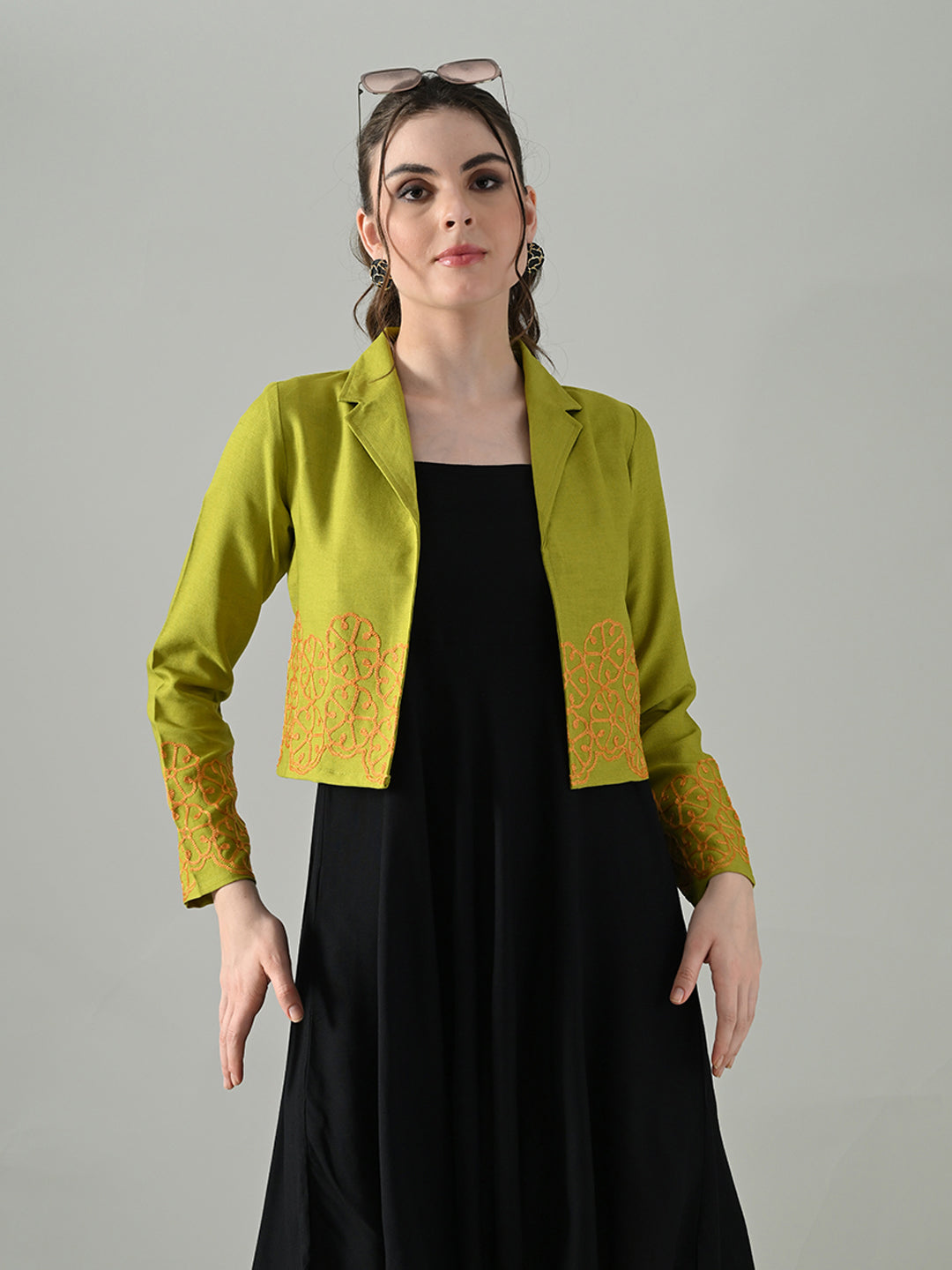 Myshka Women Green Embroidered Jacket With Black Knee Length Dress