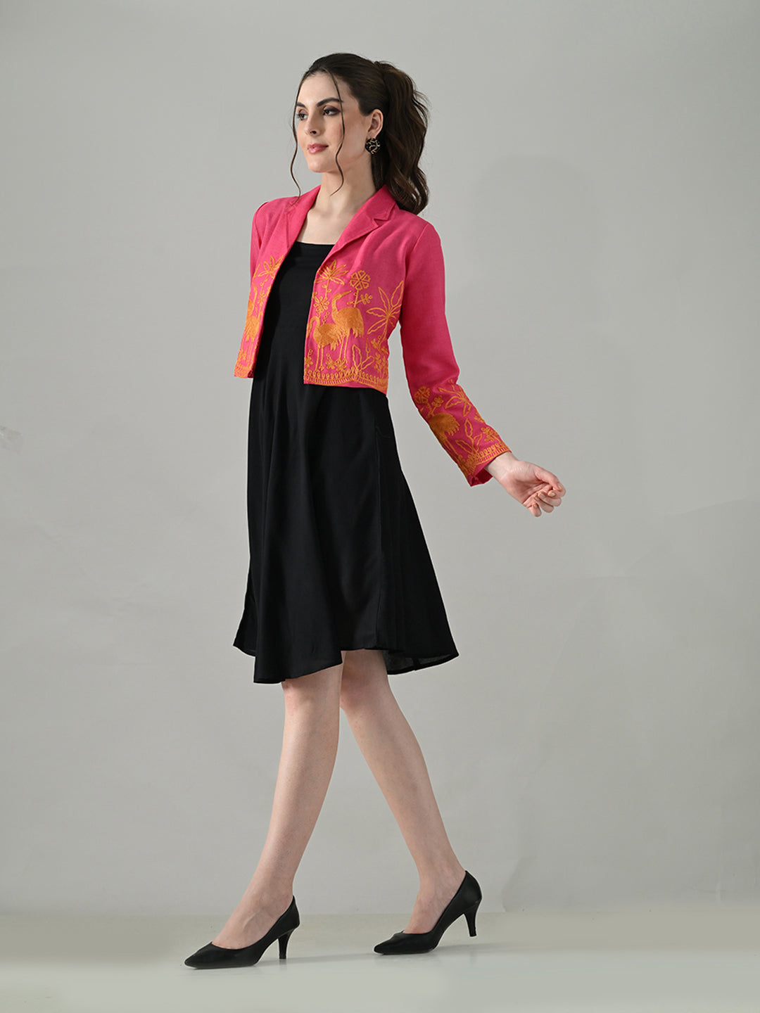 Myshka Women Pink Embroidered Jacket With Black Knee Length Dress