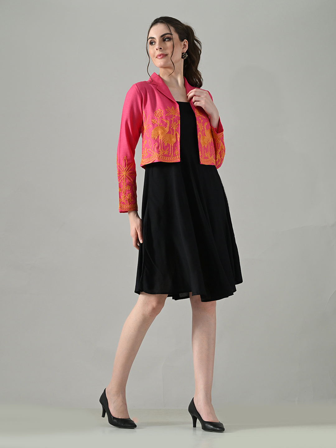 Myshka Women Pink Embroidered Jacket With Black Knee Length Dress