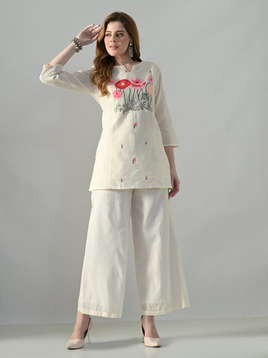 Myshka Women Off White Multicolor Thread Embroidered Co-Ord Set 