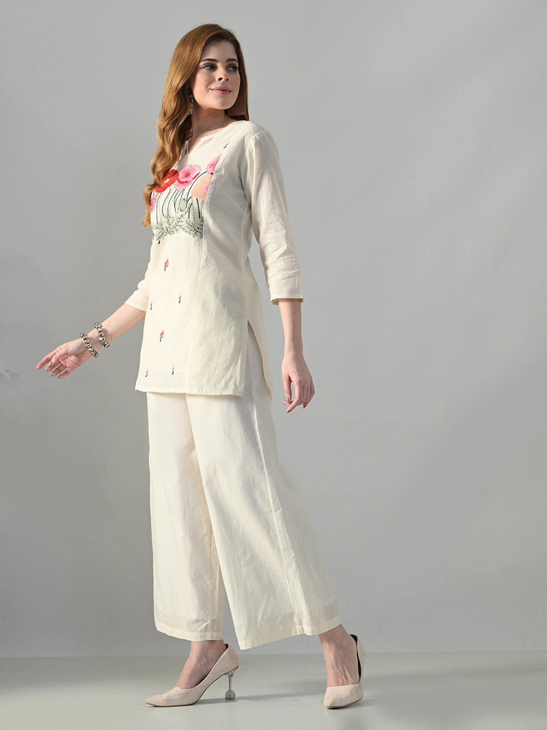 Myshka Women Off White Multicolor Thread Embroidered Co-Ord Set 