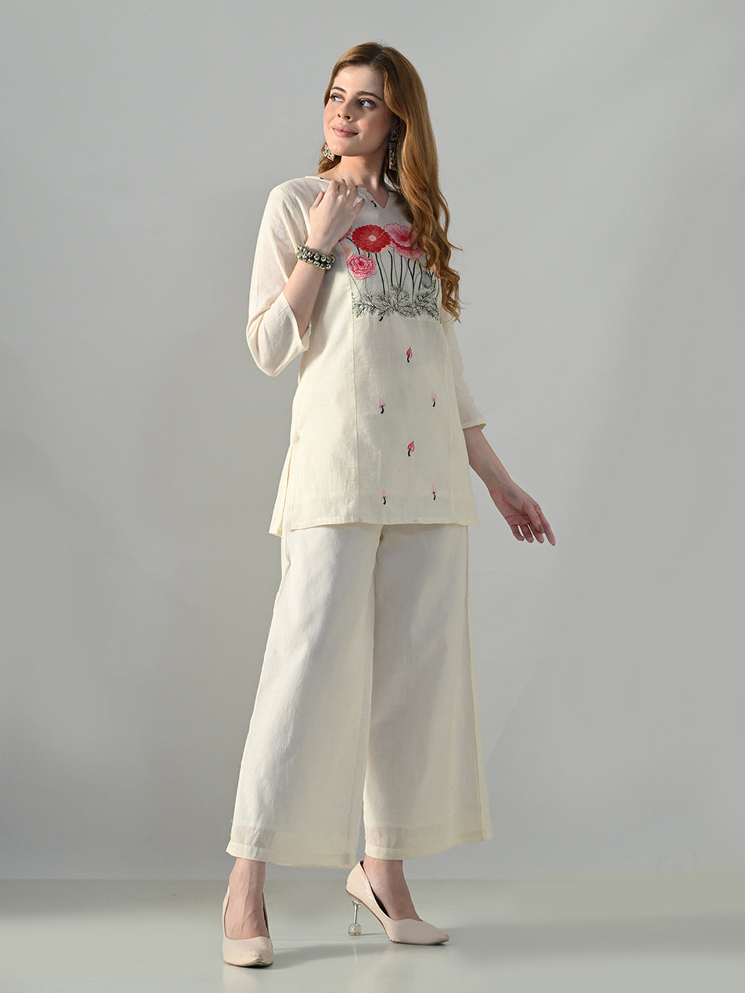 Myshka Women Off White Multicolor Thread Embroidered Co-Ord Set 