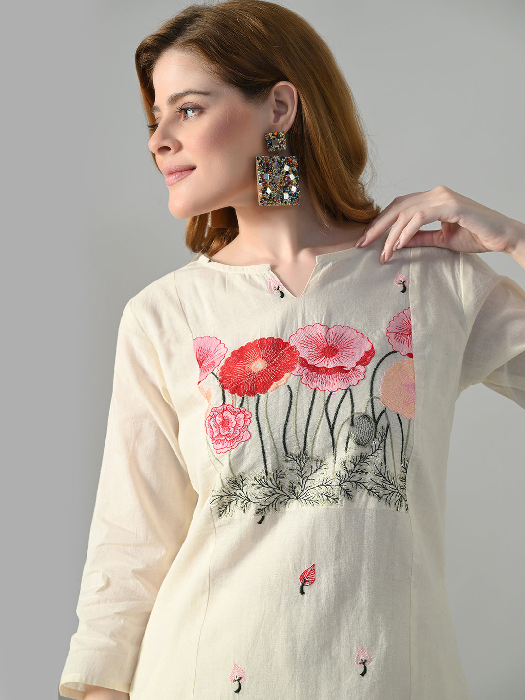 Myshka Women Off White Multicolor Thread Embroidered Co-Ord Set 
