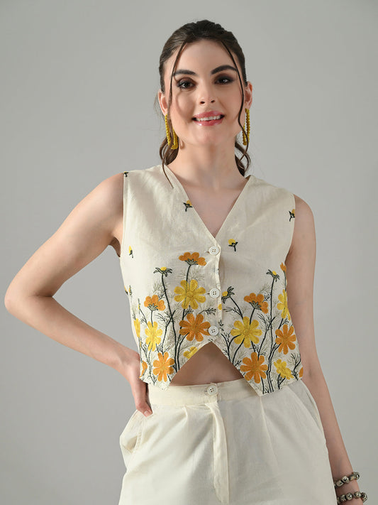 Myshka Women Off White Multicolor Thread Embroidered Waistcoat