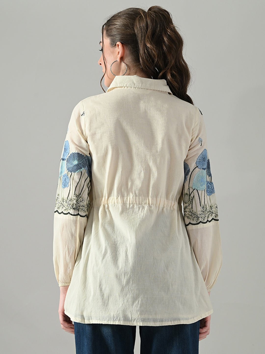 Myshka Women Off White Multicolor Thread Embroidered Shirt