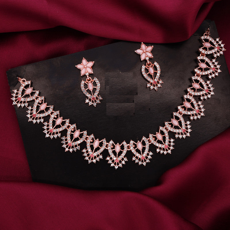 Tehzeeb Creations Baby Pink Colour Sparkle Stone Studded Necklace With Earrings Tehzeeb Creations