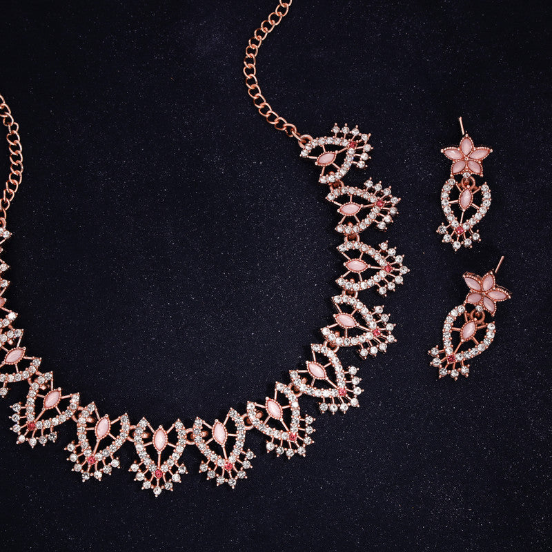 Tehzeeb Creations Baby Pink Colour Sparkle Stone Studded Necklace With Earrings Tehzeeb Creations
