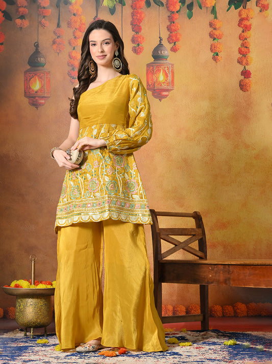 Myshka Women Yellow Embroidered Off Shoulder Kurta Set Festive Wear