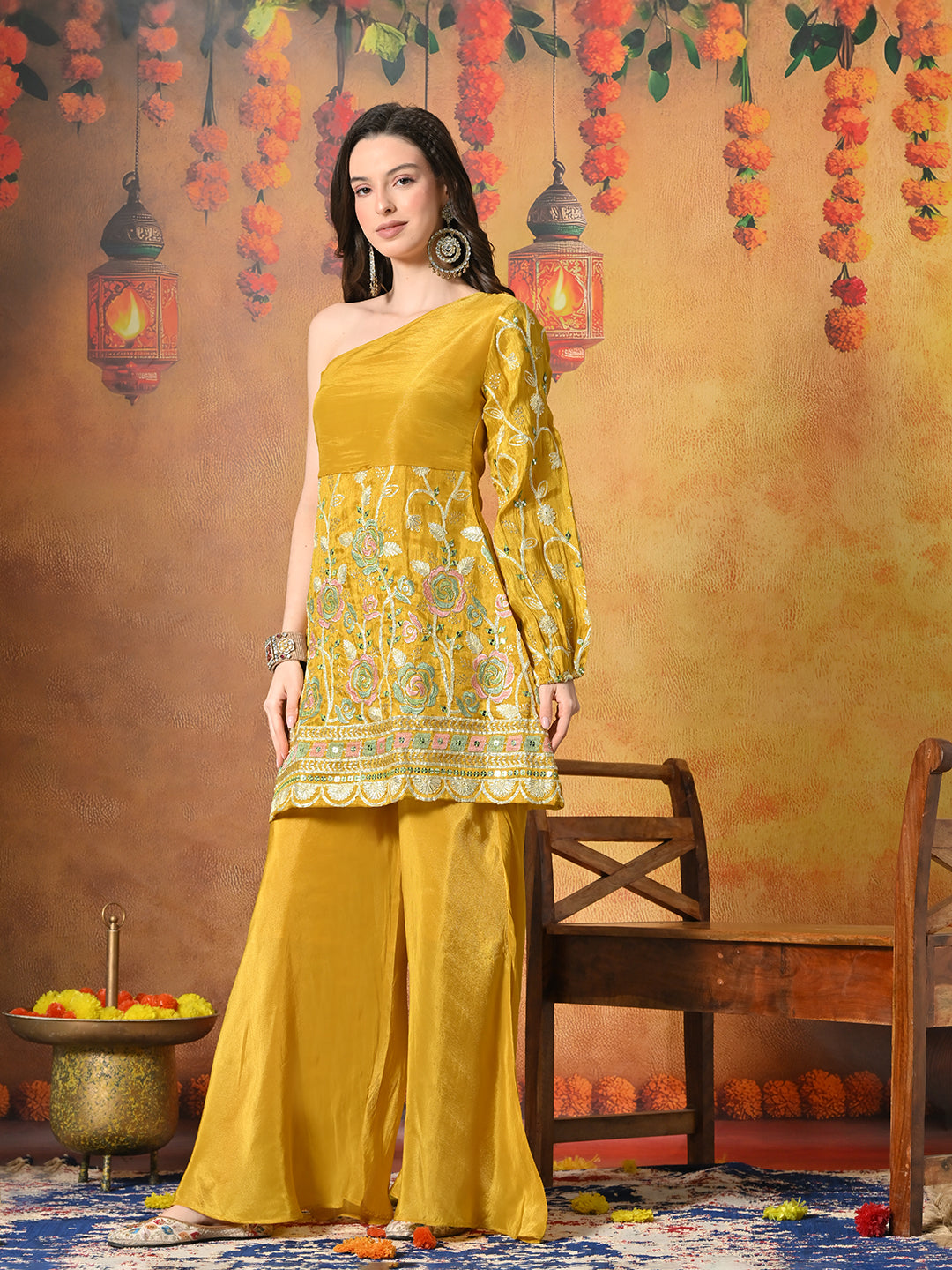 Myshka Women Yellow Embroidered Off Shoulder Kurta Set Festive Wear
