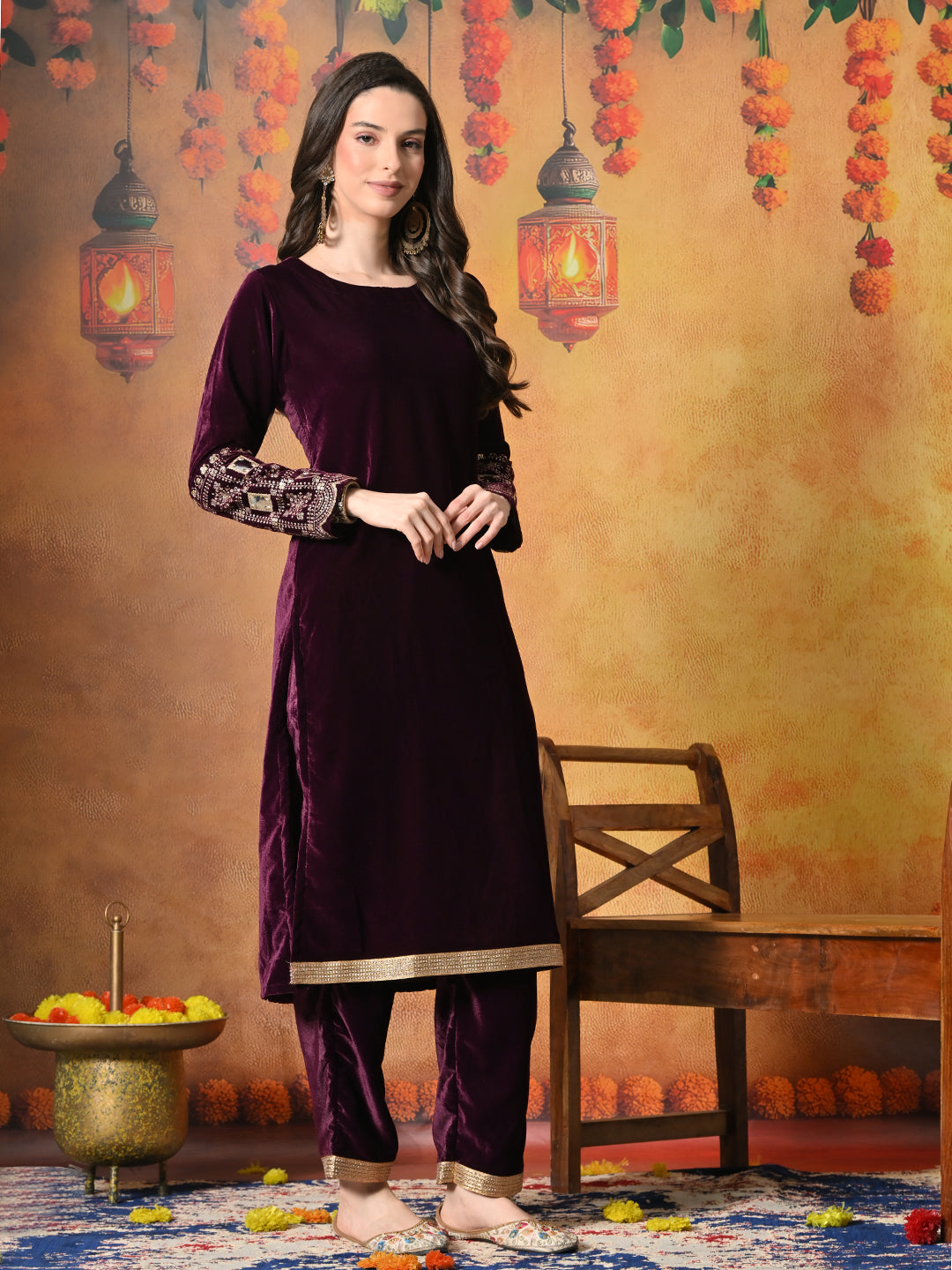 Myshka Women Wine Velvet Embroidered Regular Sleeves Kurta Set with Dupatta