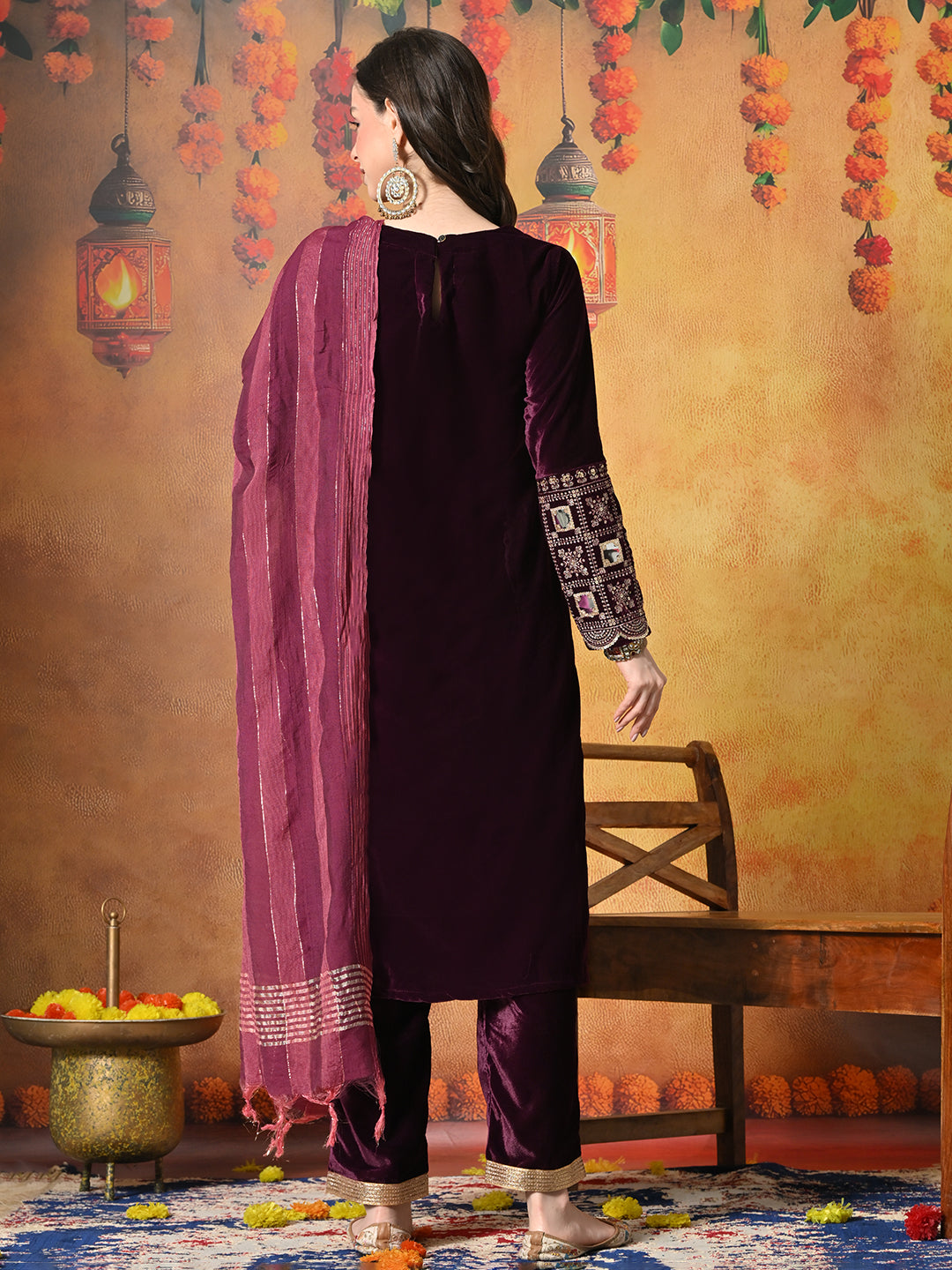 Myshka Women Wine Velvet Embroidered Regular Sleeves Kurta Set with Dupatta