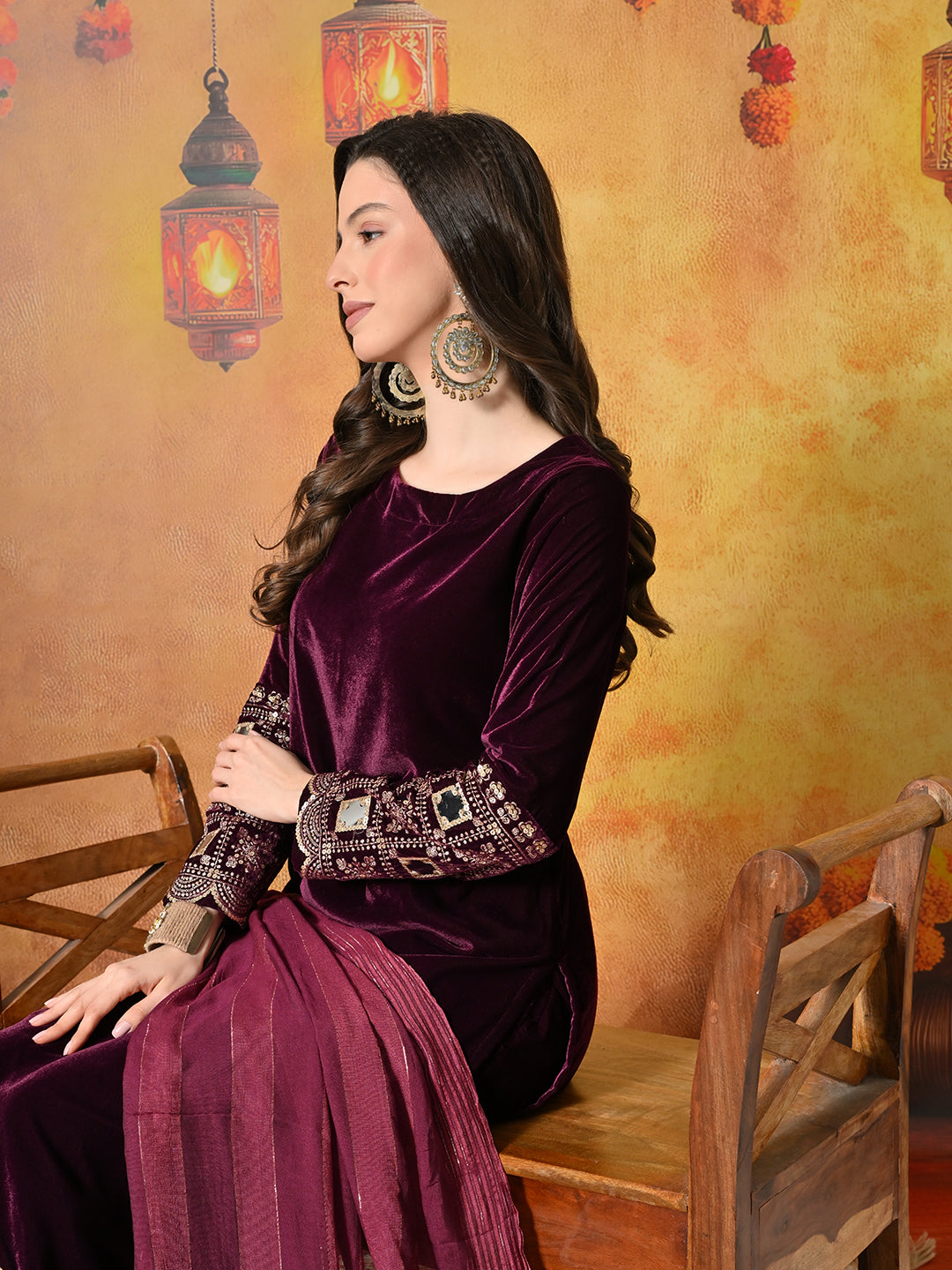 Myshka Women Wine Velvet Embroidered Regular Sleeves Kurta Set with Dupatta