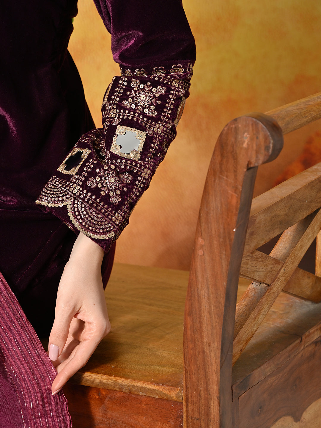 Myshka Women Wine Velvet Embroidered Regular Sleeves Kurta Set with Dupatta