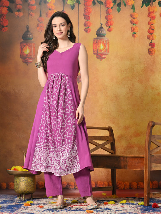 Myshka Women Wine Pure Cotton Embroidered Sleeveless Kurta Set Festive Wear