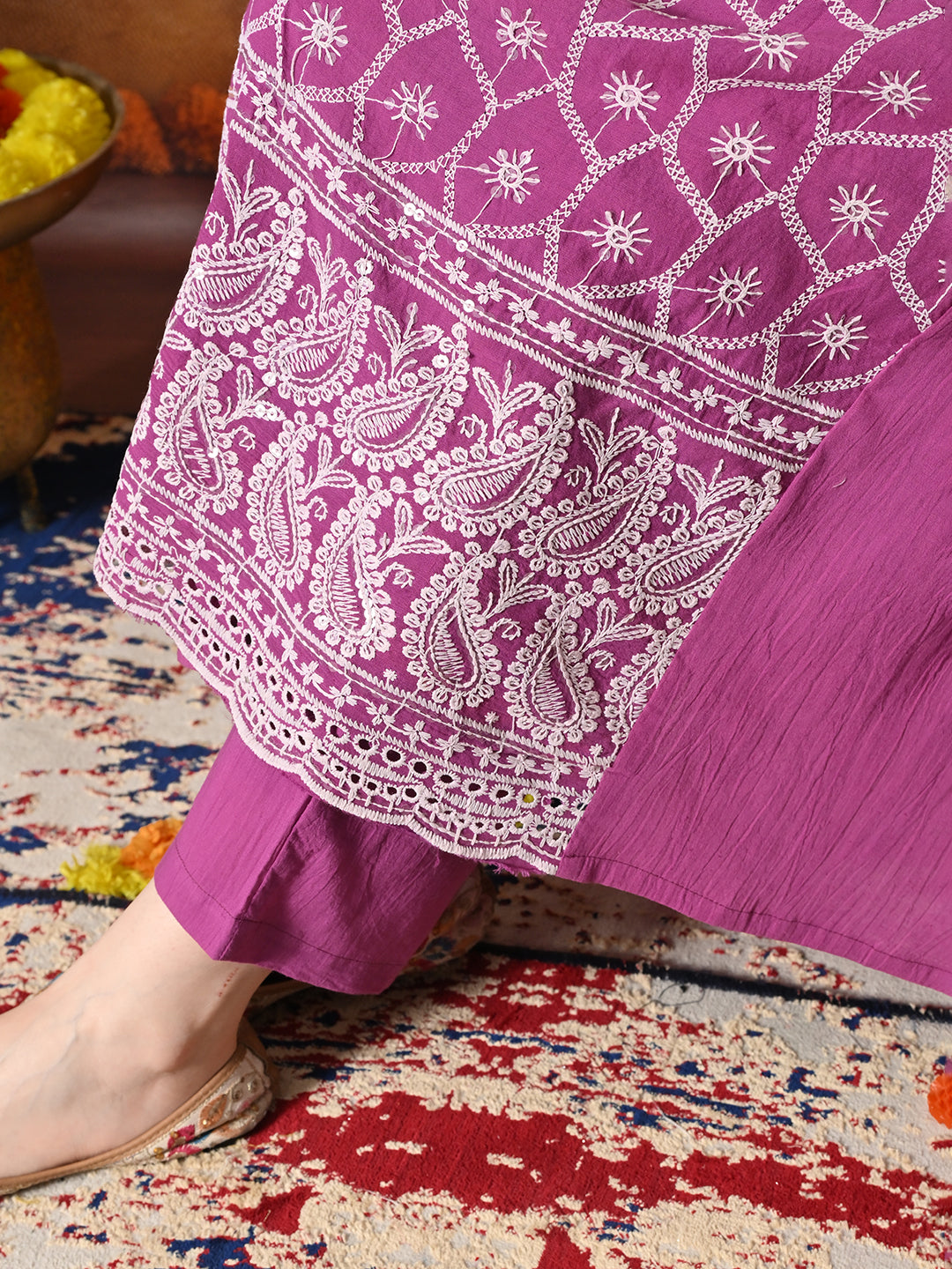 Myshka Women Wine Pure Cotton Embroidered Sleeveless Kurta Set Festive Wear