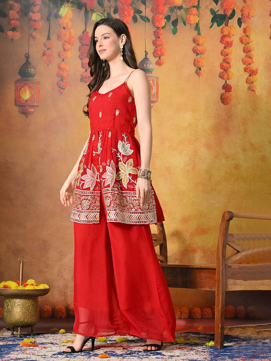 Myshka Women Red Tissue Embroidered Front Slit Strap Kurta Set Festive Wear