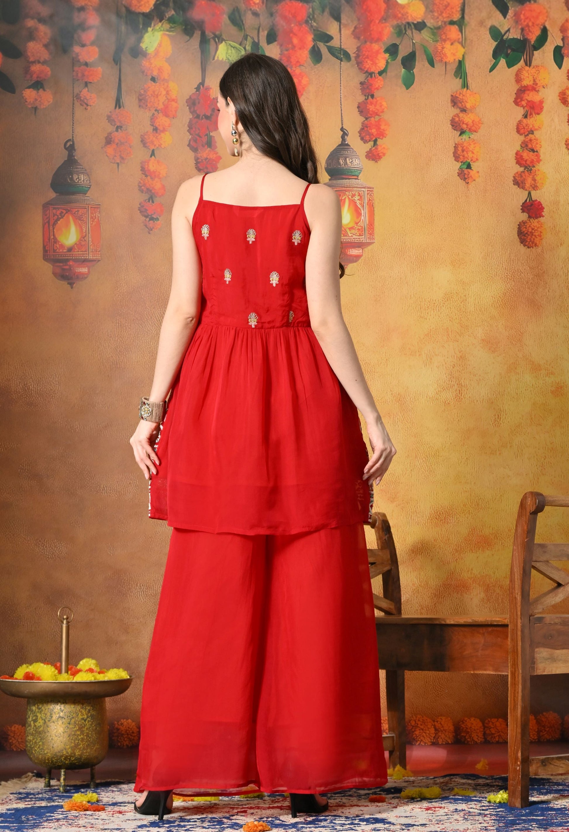 Myshka Women Red Tissue Embroidered Front Slit Strap Kurta Set Festive Wear