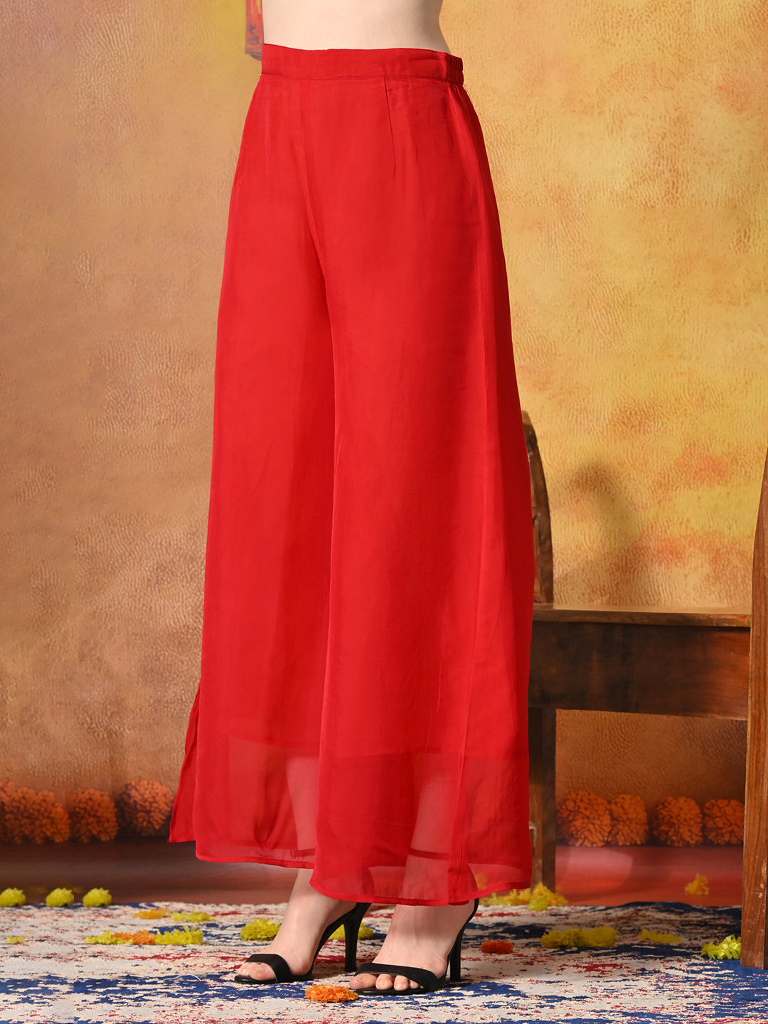 Myshka Women Red Tissue Embroidered Front Slit Strap Kurta Set Festive Wear