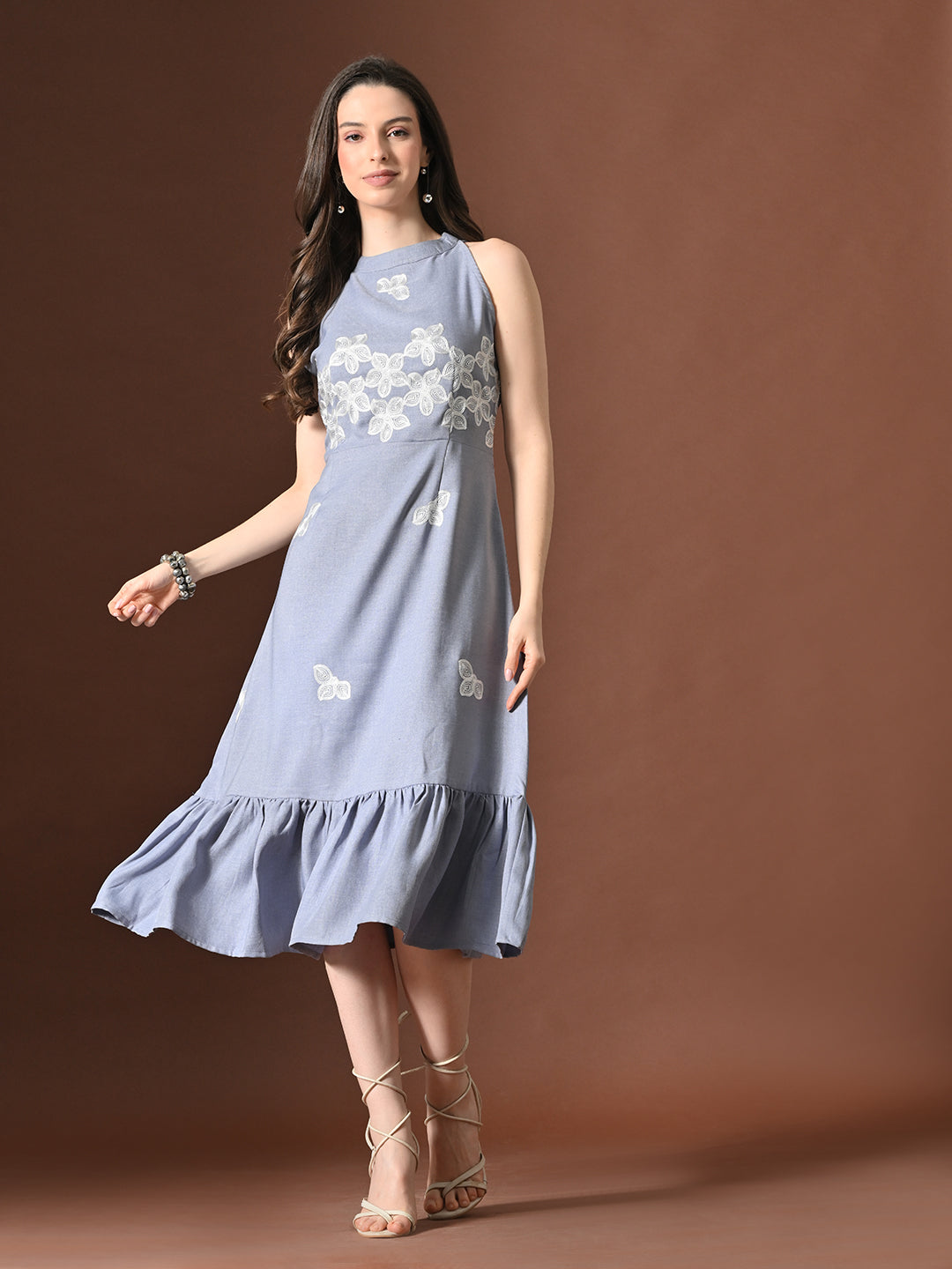 Myshka Women Floral Embroidered Halter Neck Linen A-Line Dress Sleeves